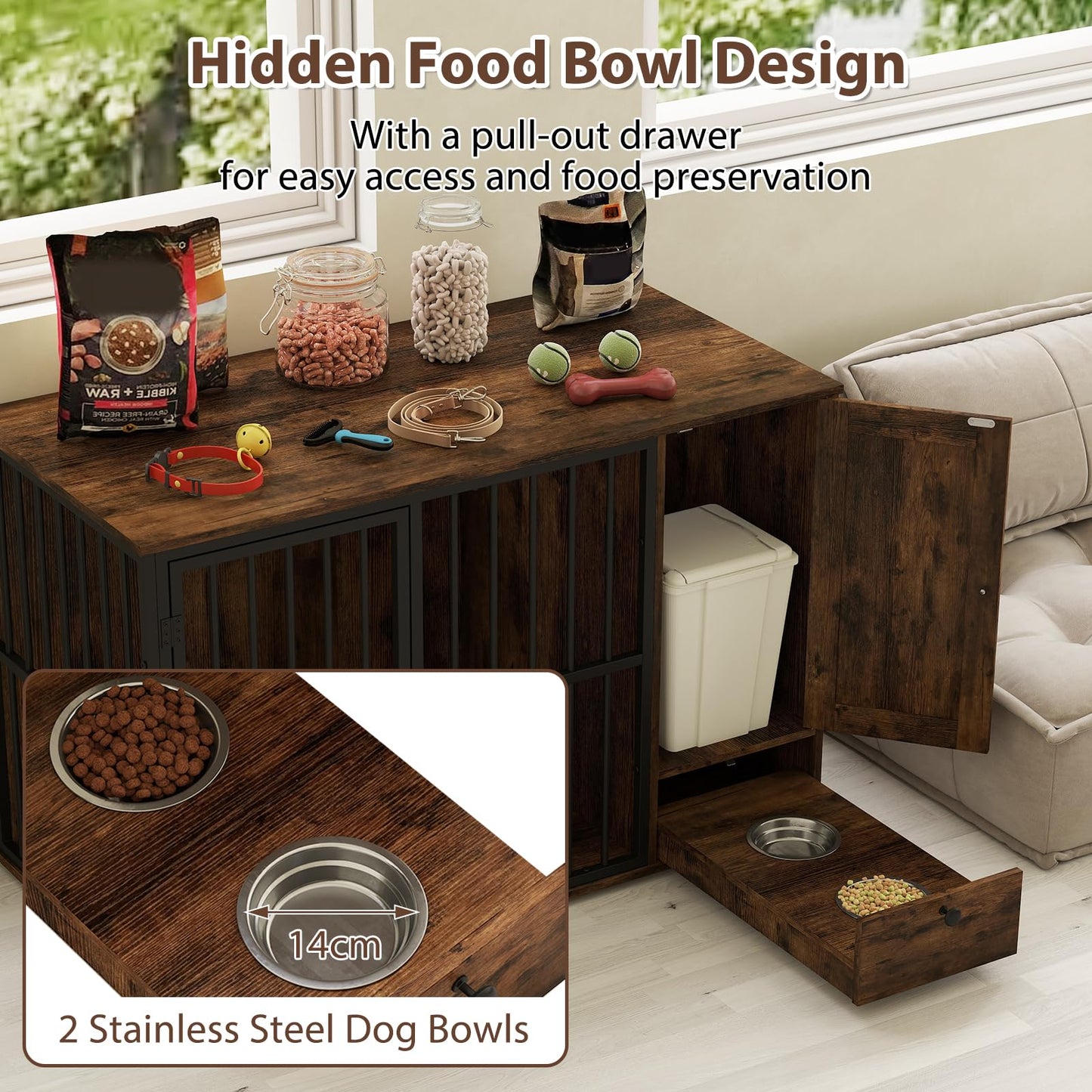 120CM Dog Crate Furniture with Hidden Pull-out Bowls in Drawer Rating: