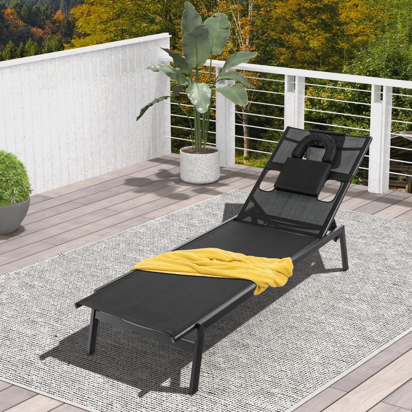 5 Positions Adjustable Chaise Lounge Deck Sunbed with Detachable Head Pillows