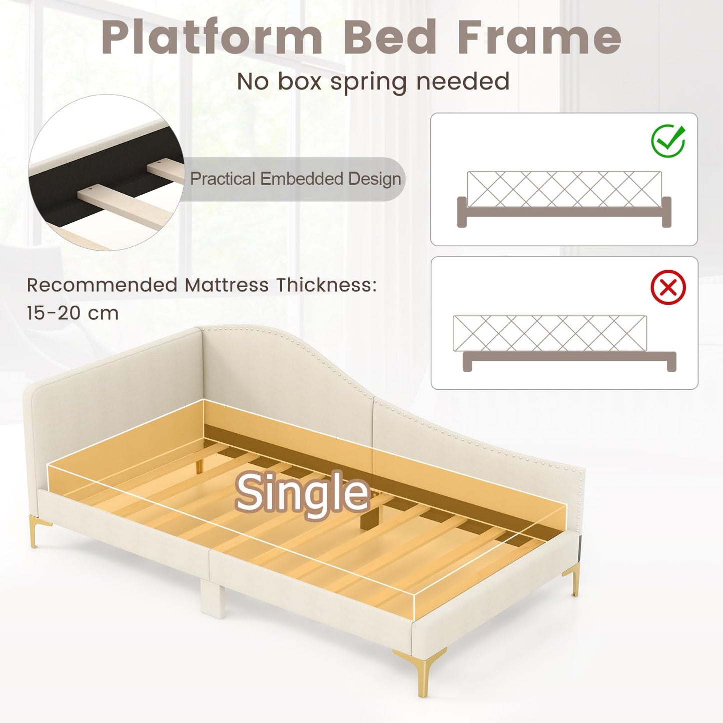 Single Size Upholstered Daybed Rivet-Tufted Platform Bed with Metal Legs