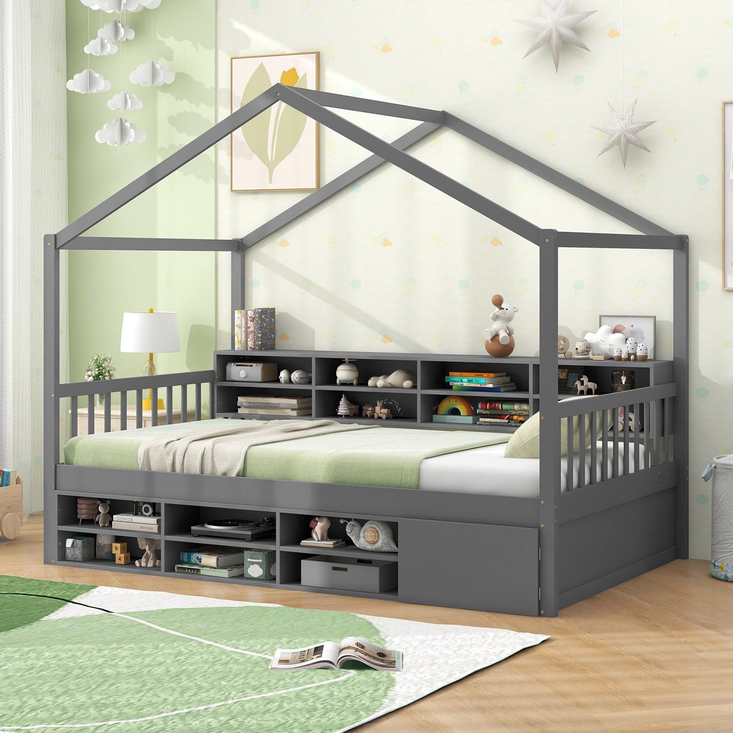 Wooden Single Size House Bed with Roof and 14 Storage Cubes