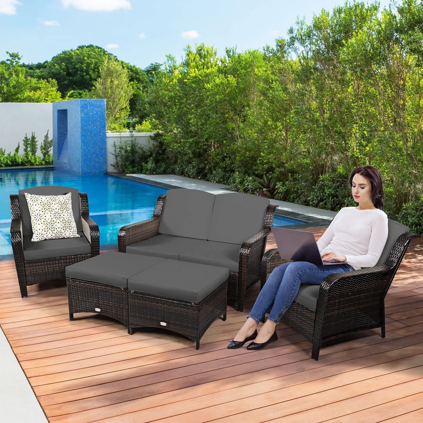 5 Pieces All-Weather Outdoor Sectional Conversation Set for Balcony Yard Lawn