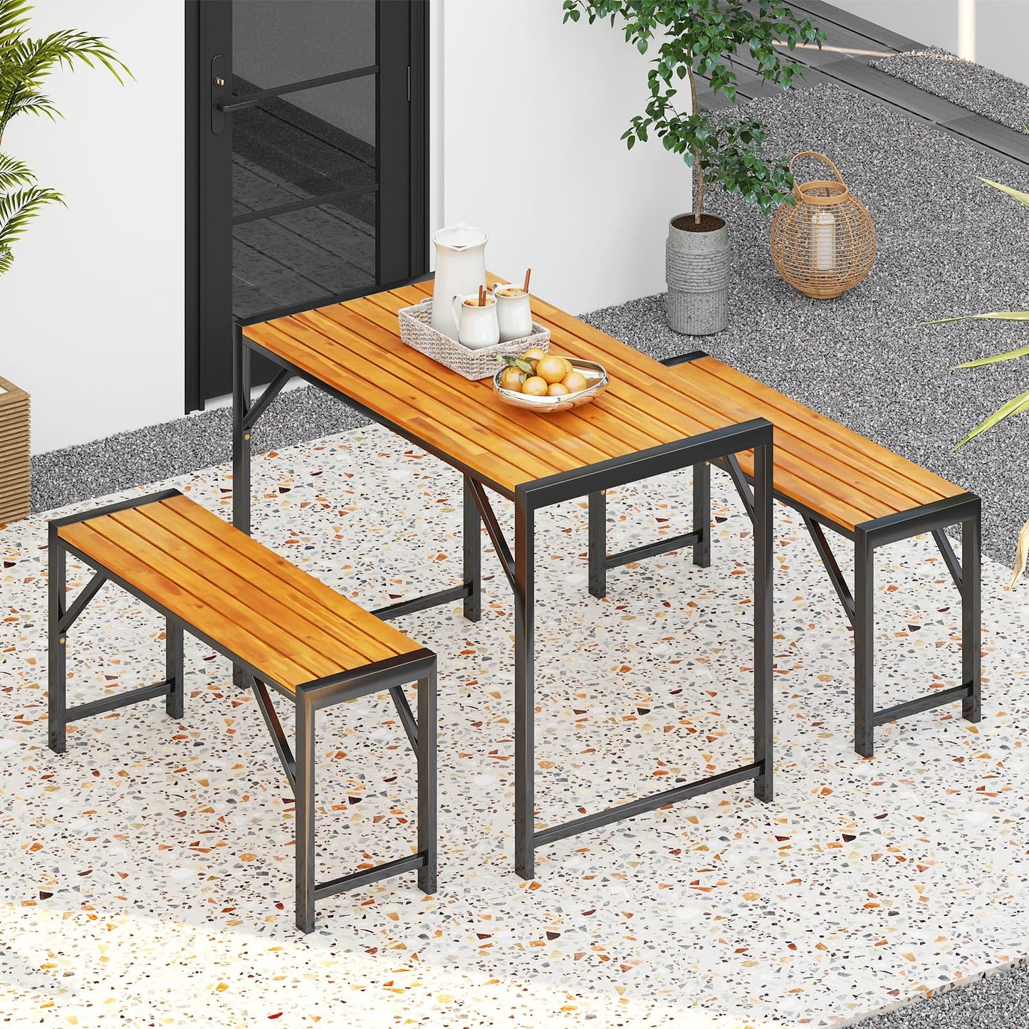 3 Pieces Patio Dining Set with Outdoor Picnic Table and 2 Benches for 4 People