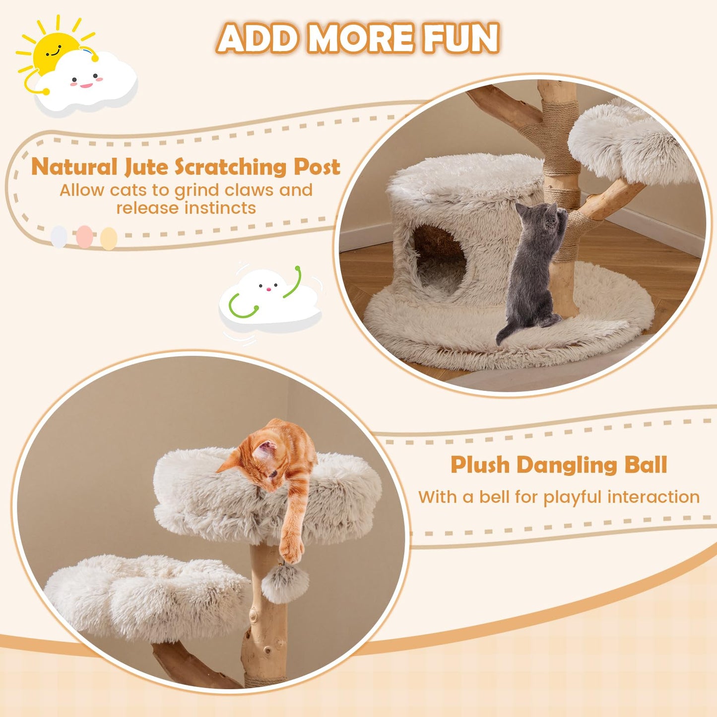 102 CM Tall Real Wood Branch Kitten Tower with Condo and 2 Flower Platforms