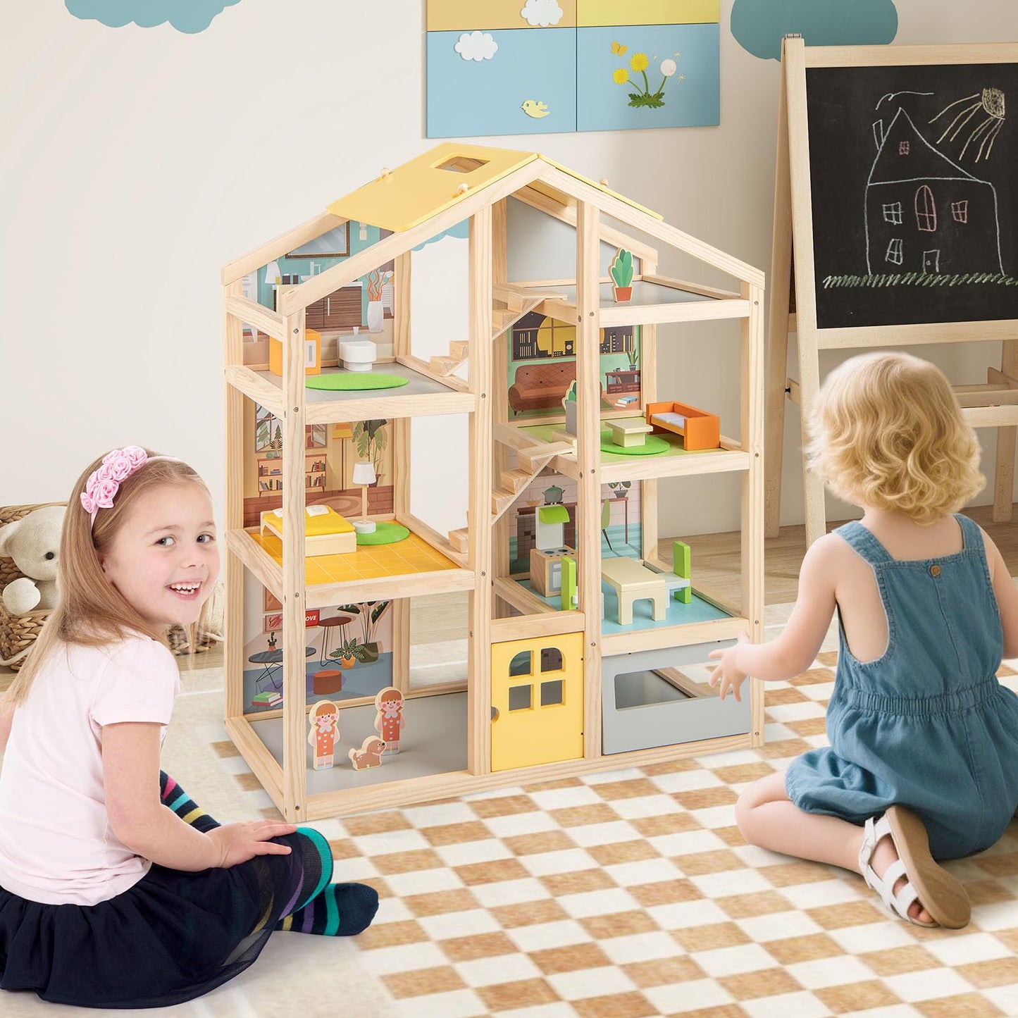 Kids Wooden Dollhouse with 7 Rooms and 18 Pcs Furniture Accessories