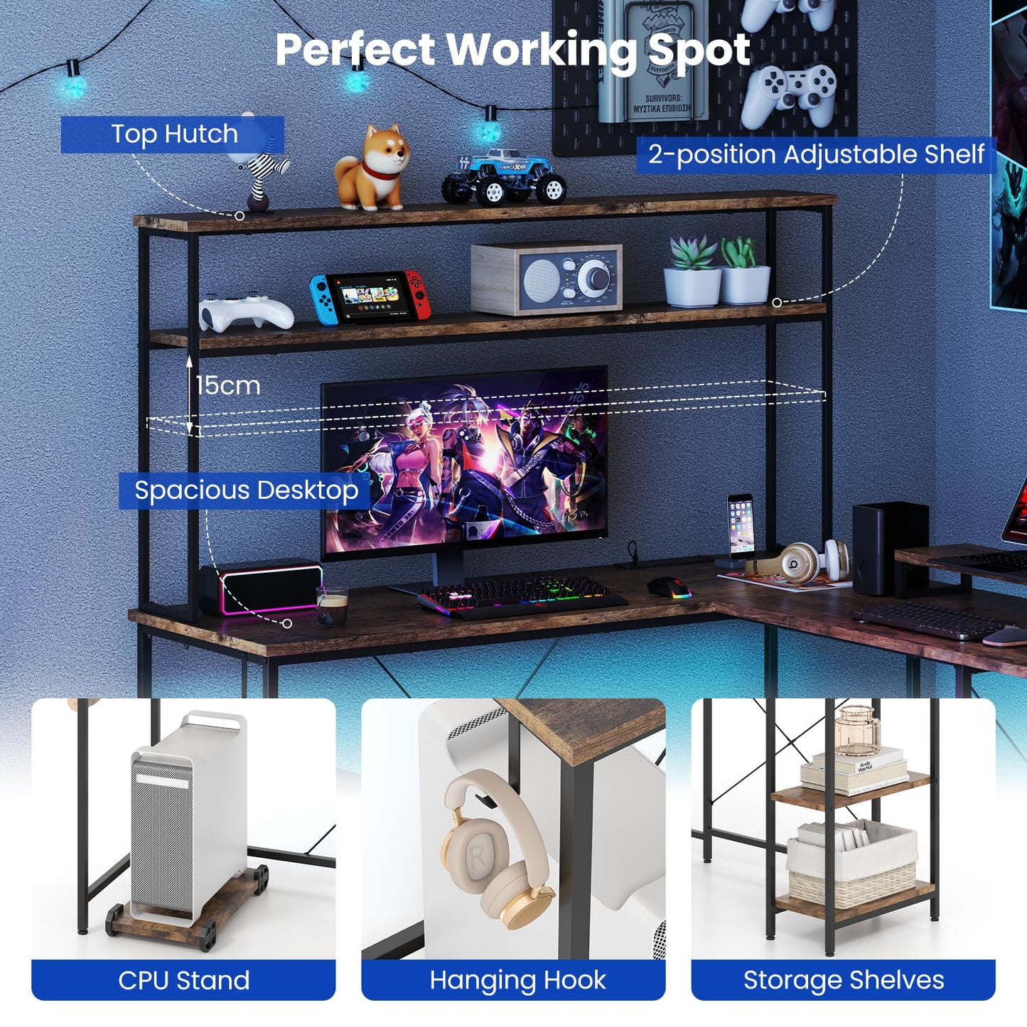 L-Shaped Gaming Desk with LED Strip and Power Outlets