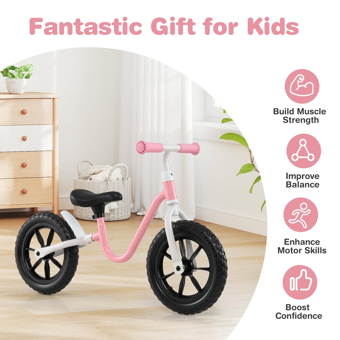 12 Inch Balance Bike No Pedal Training Bicycle with Adjustable Handle and Seat