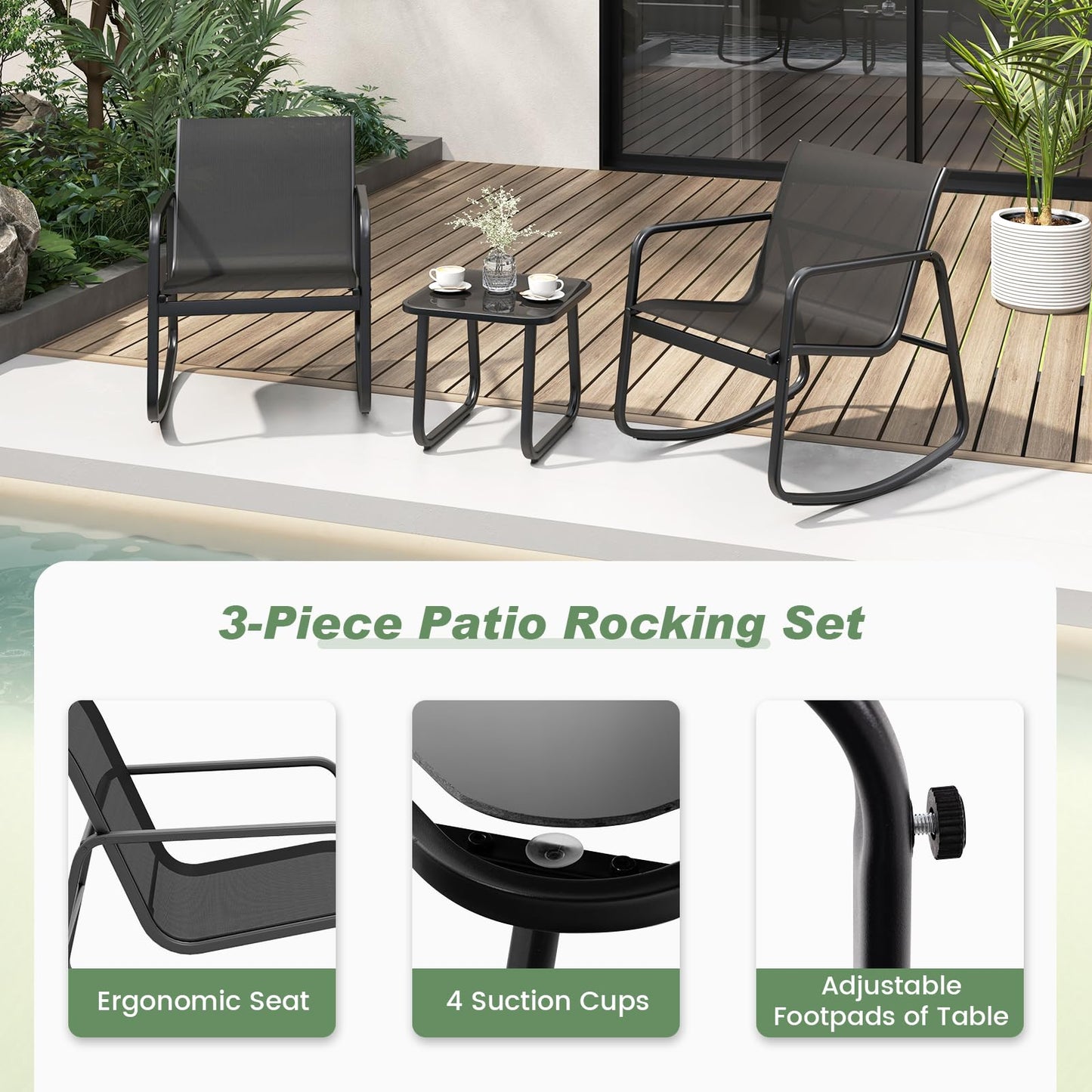 3-Piece Garden Furniture Set with Tempered Glass Table and Chairs