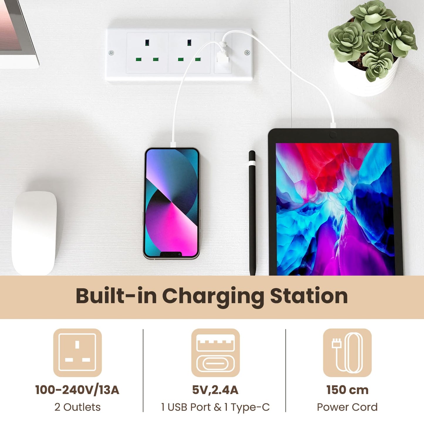 L Shaped Desk with Charging Station Corner Computer Desk with Storage Shelves