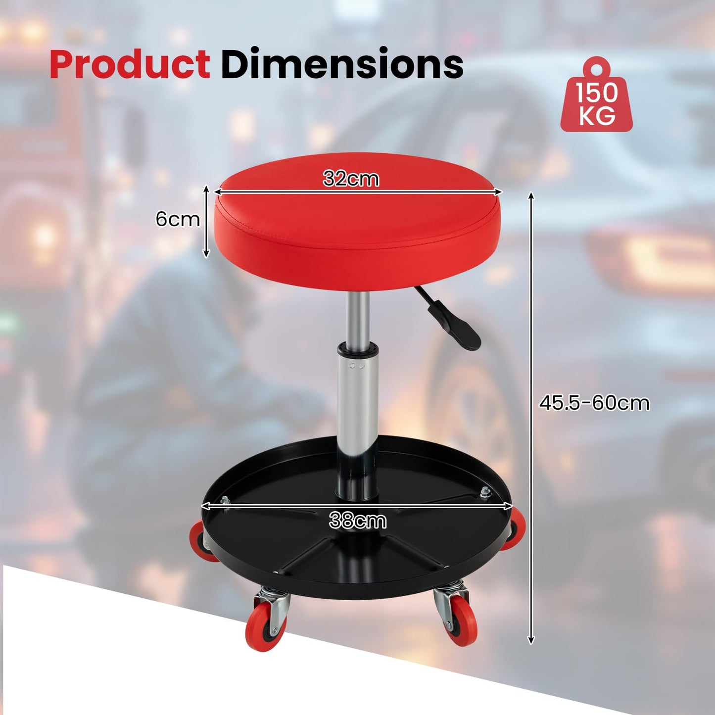Pneumatic Rolling Mechanic Stool with Tool Tray & Adjustable Height