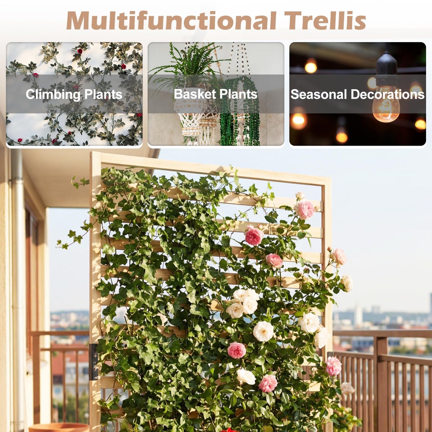 Wooden Planter with Trellis, Raised Garden Bed with Liner, Drainage Design