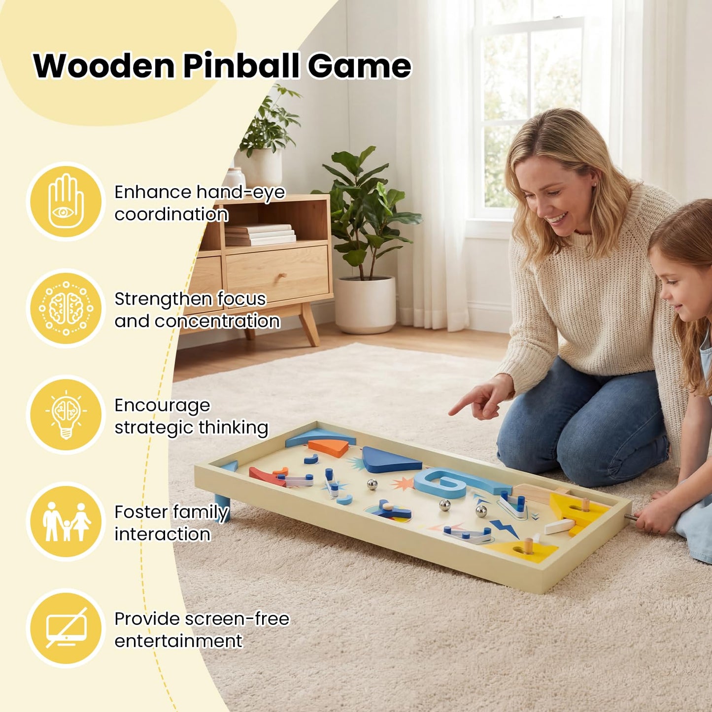Wooden Pinball Machine Scoring Rotating Track Tabletop Game with 3 Balls
