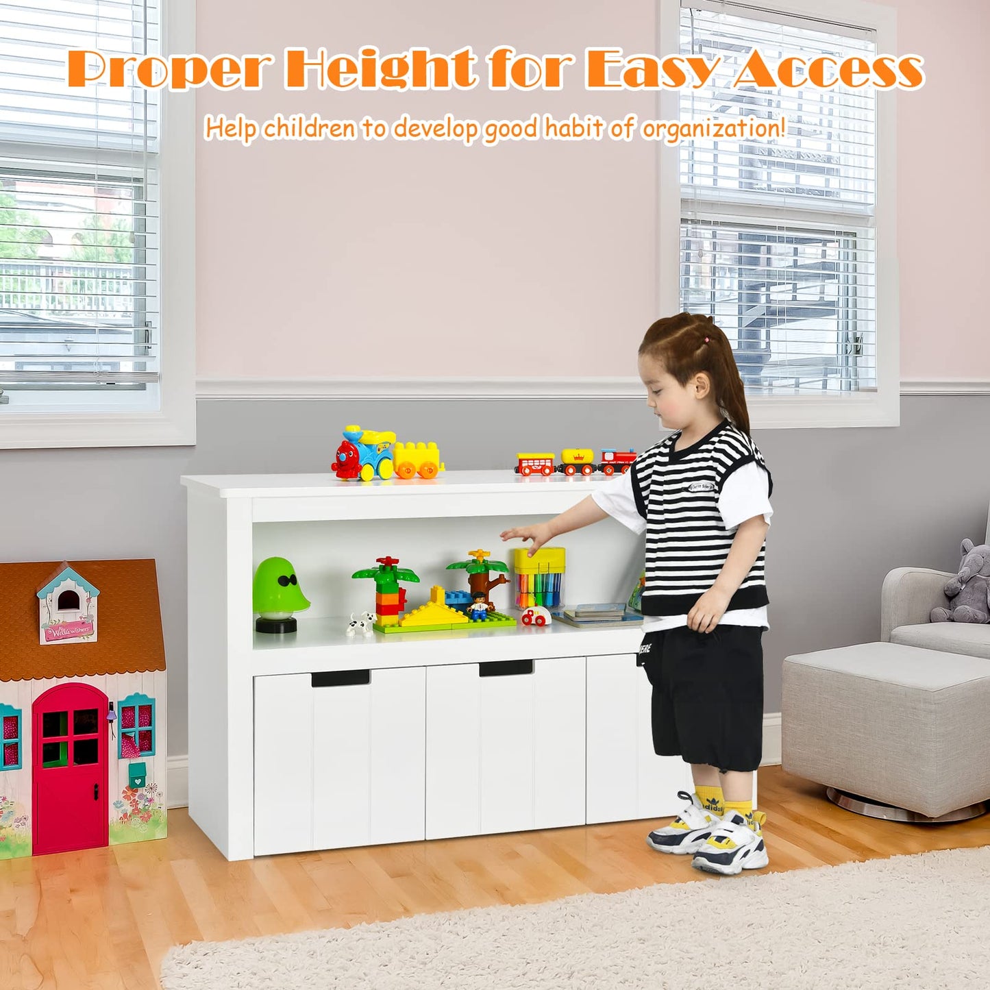 Wooden Playroom Chest with Drawers and Large Open Shelf