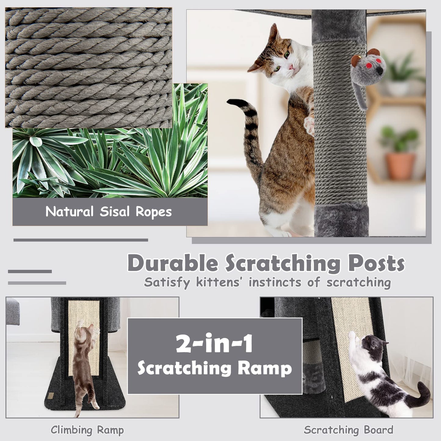 Cat Tree Tower with Scratching Ramp Posts and Top Plush Perch
