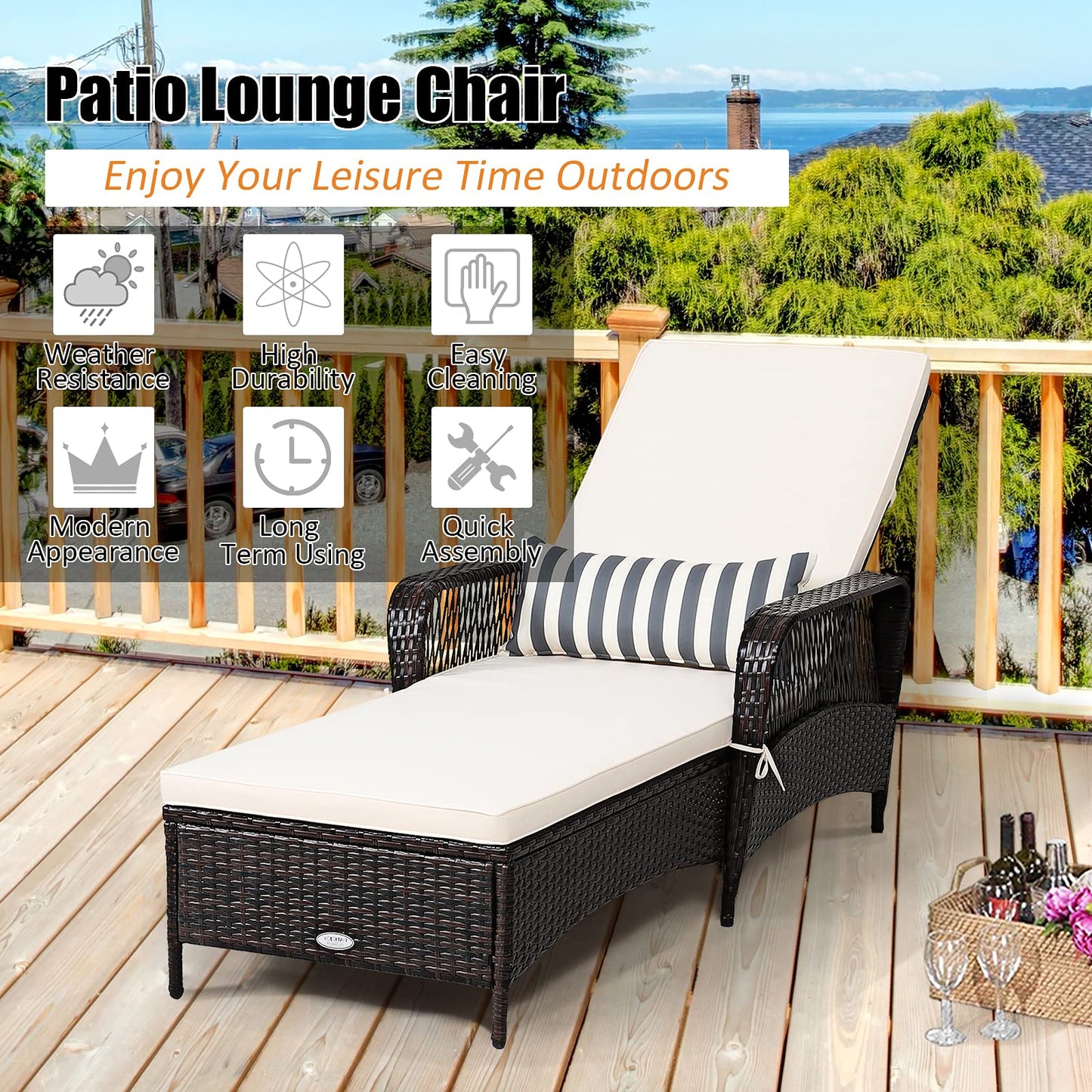 Rattan Sun Lounger with Removable Cushion and Pillow for Outdoor