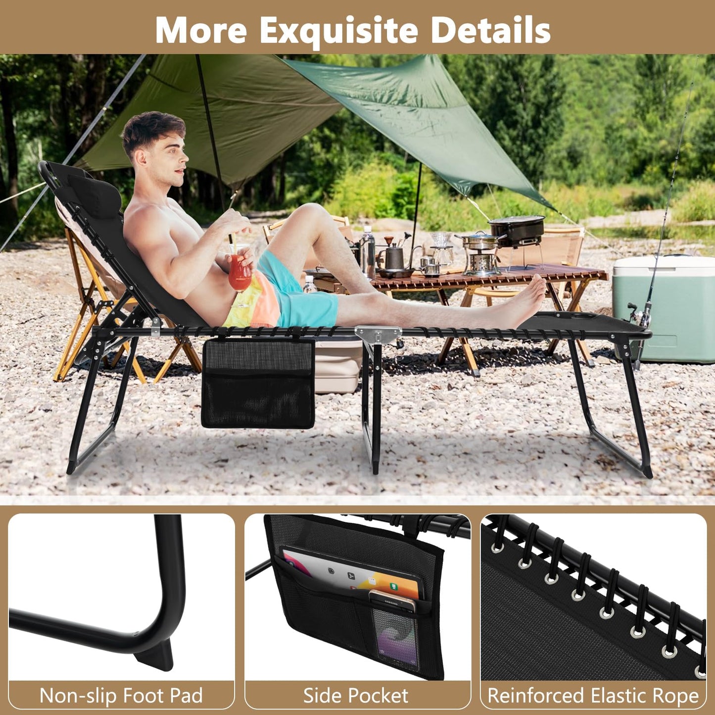 4-Level Adjustable Garden Reclining Chaise Lounge Chair Sunbed with Pillow & Side Pocket