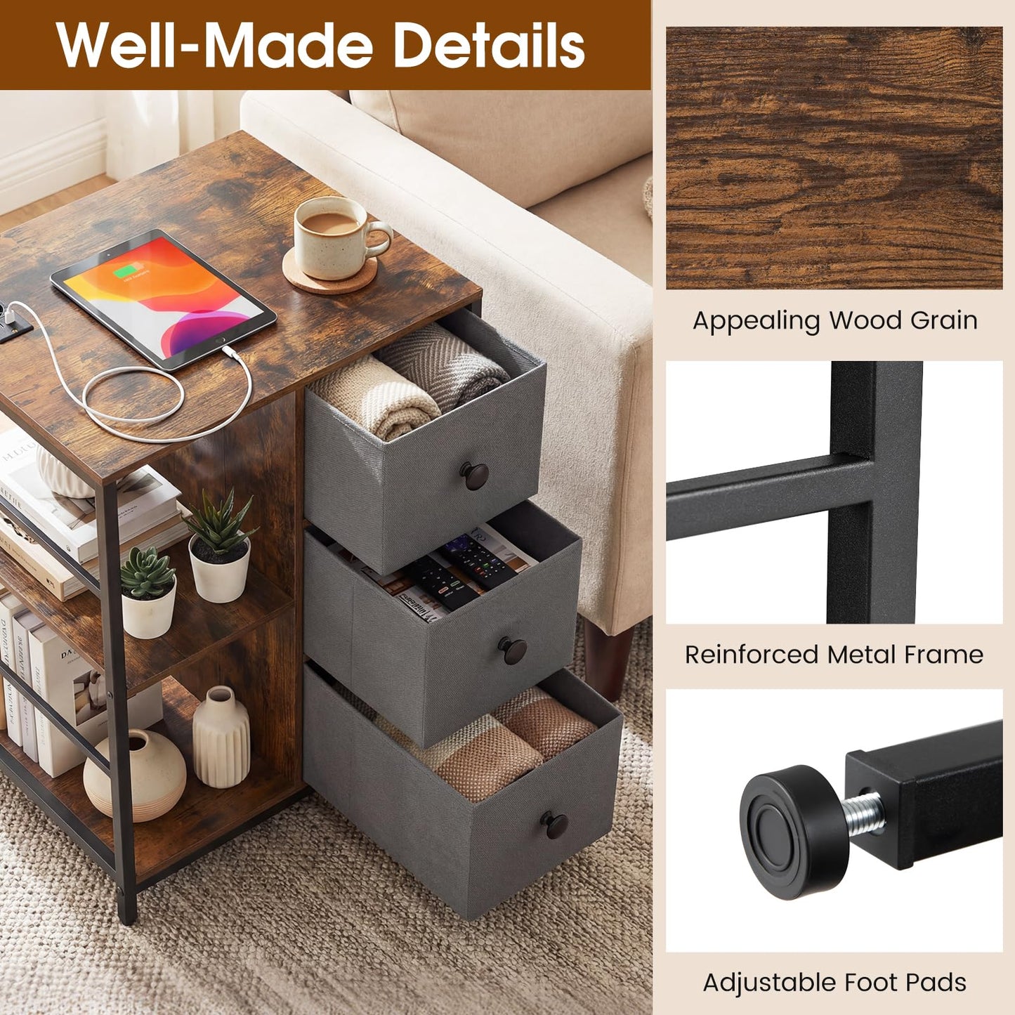 Side Table with Charging Station, Industrial Nightstand Bedside Cabinet