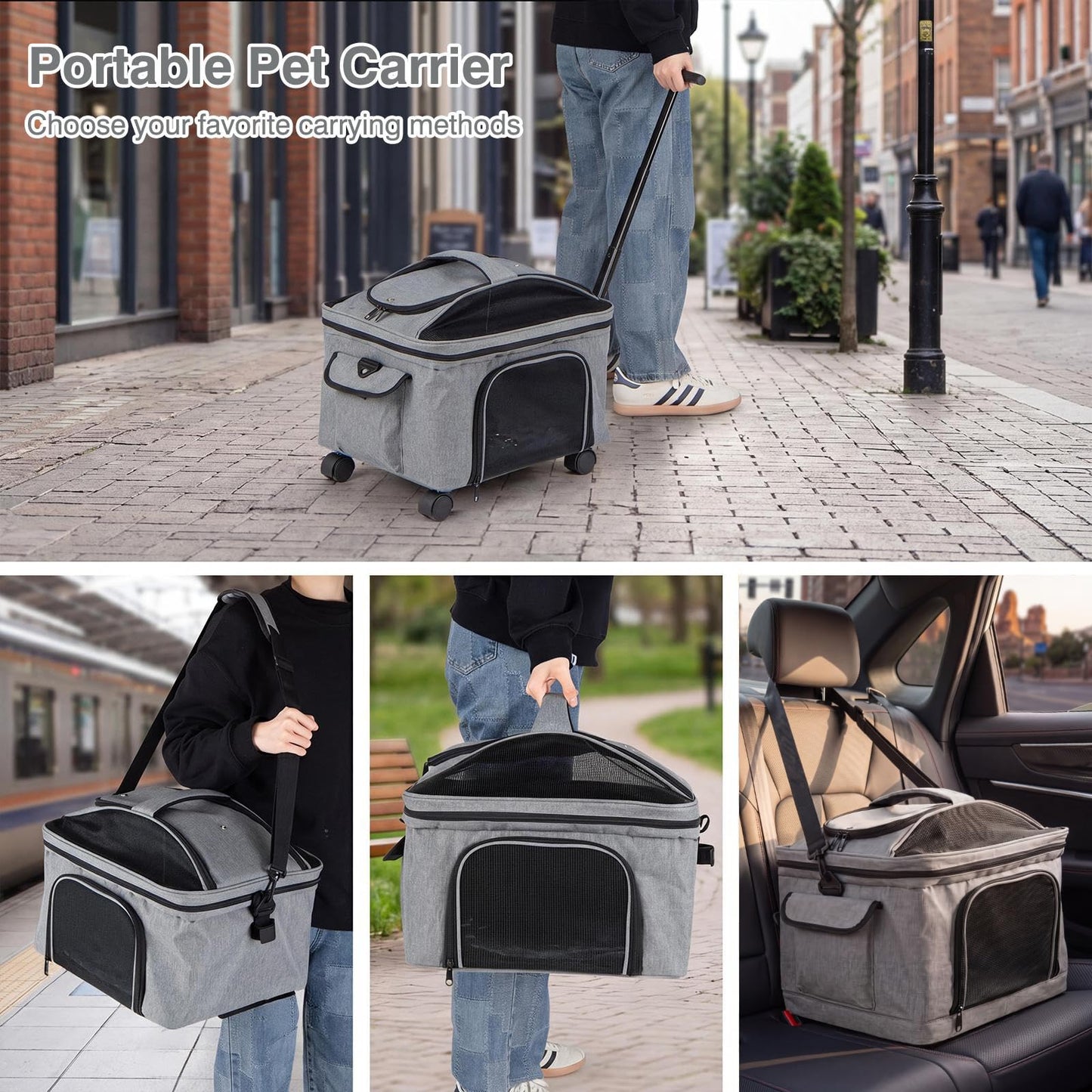 Rolling Pet Carrier with Telescopic Handle and Washable Pad Foldable