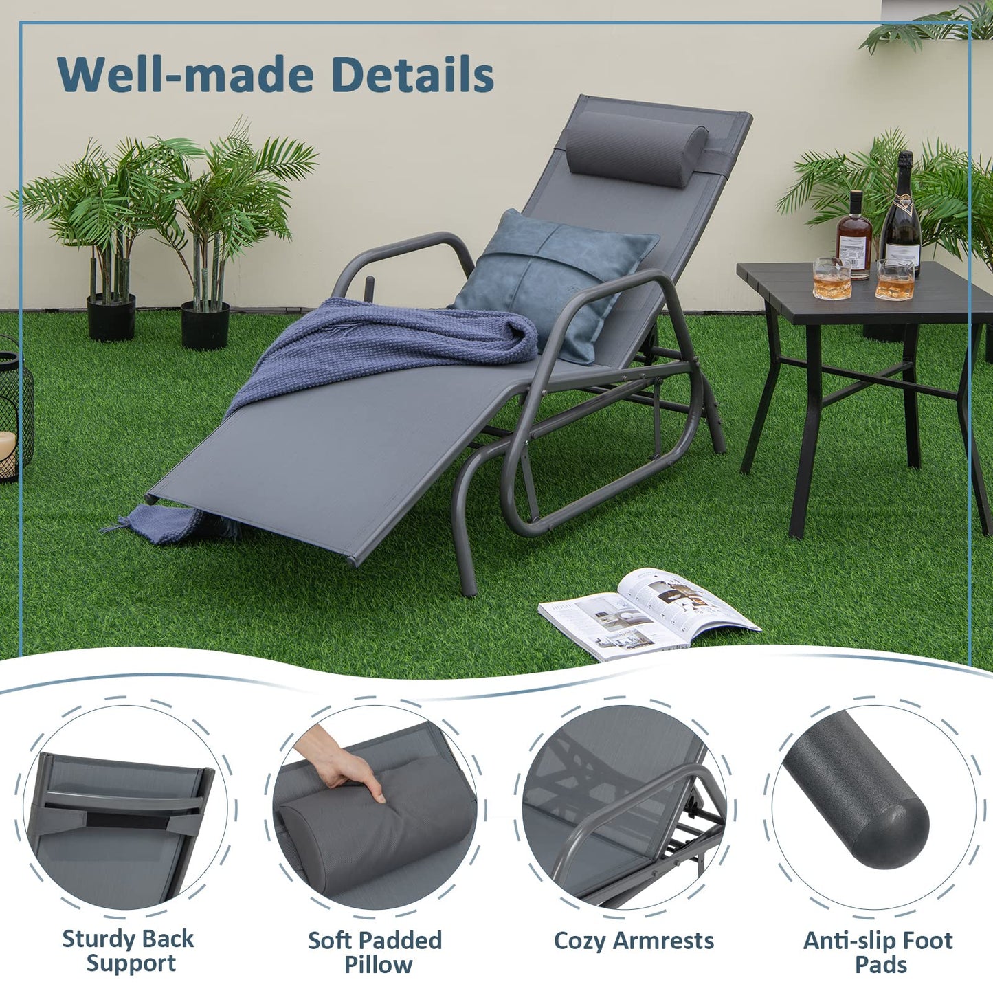 3 Positions Adjustable Patio Glider Chaise Lounge Sunbed with Armrests & Pillow