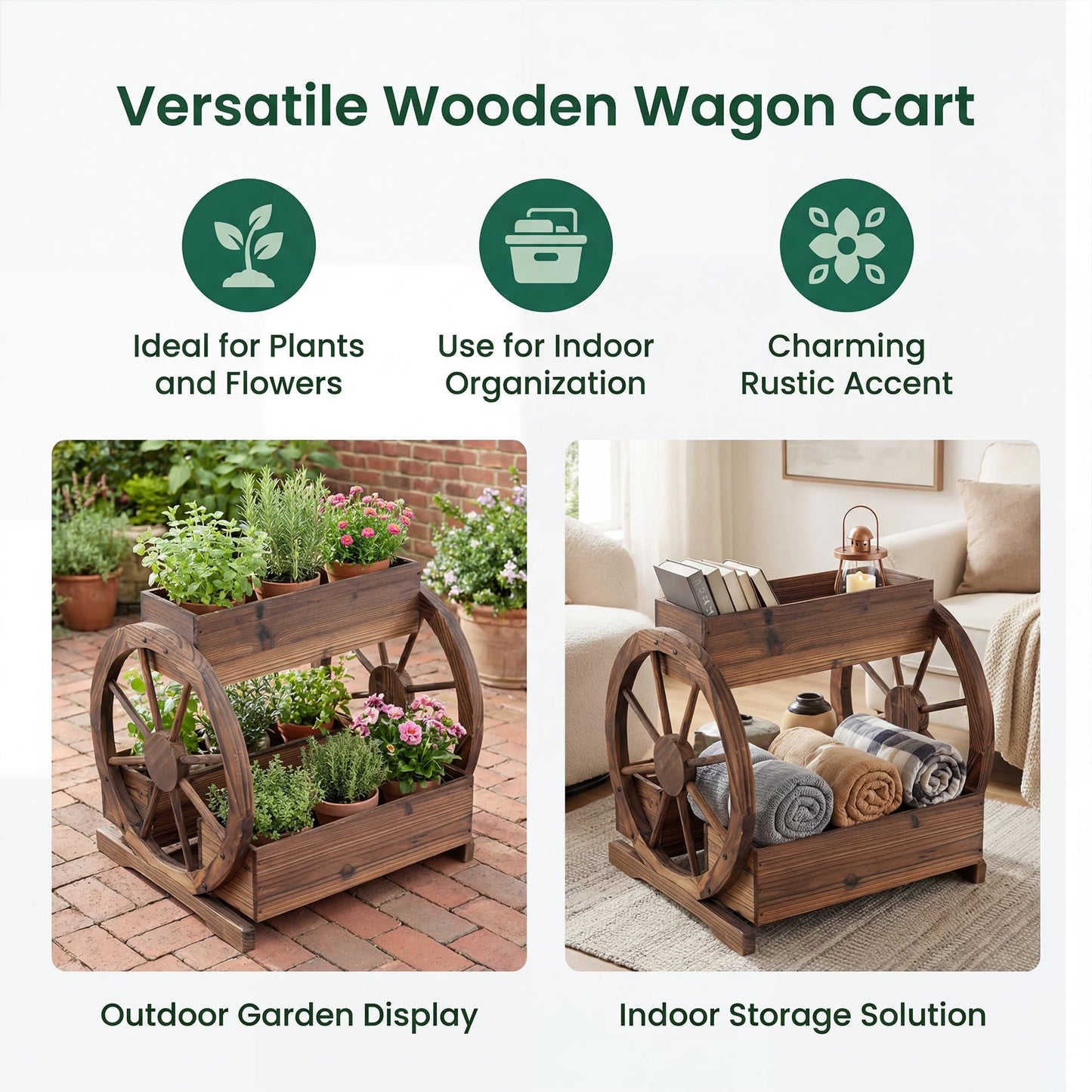 Wood Wagon Planter Box, 2-Tier Rustic Raised Garden Bed with Drainage Holes