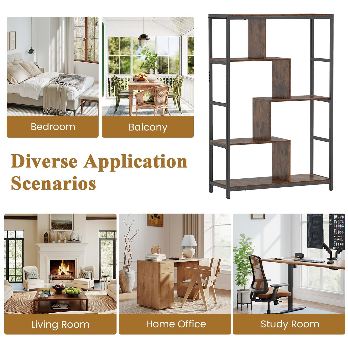 5-Tier Geometric Bookshelf with Open Shelves (Golden + White) | Metal Frame Bookcase Display Stand