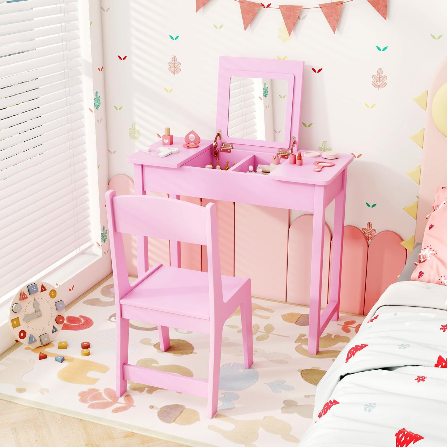2 in 1 Kids Vanity Table and Chair Set with Flip Top Mirror Hidden Storage