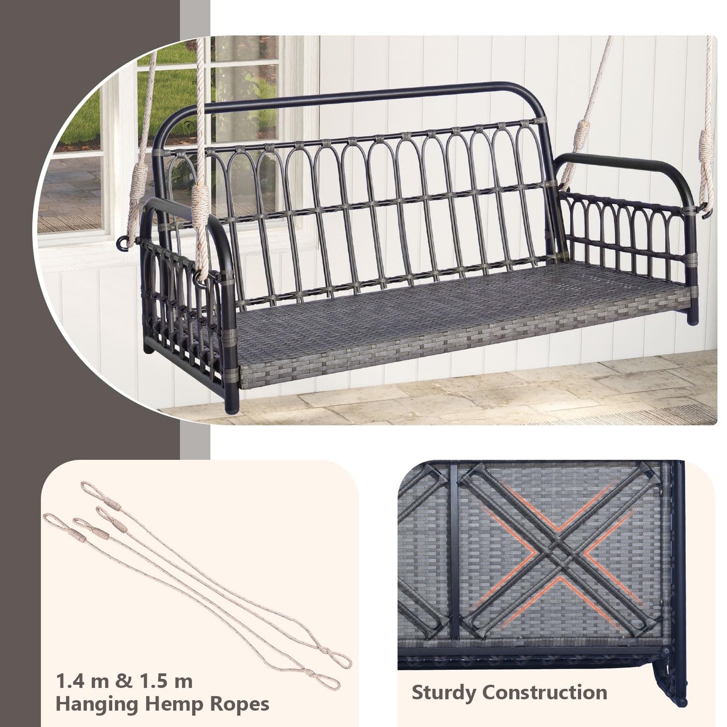 2-Person Patio Wicker Swing Chair with Removable Cushions for Garden, Poolside, Backyard