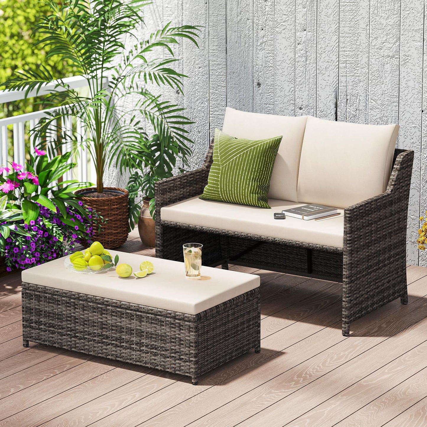 Outdoor PE Rattan Conversation Set with Built-in Storage Bin