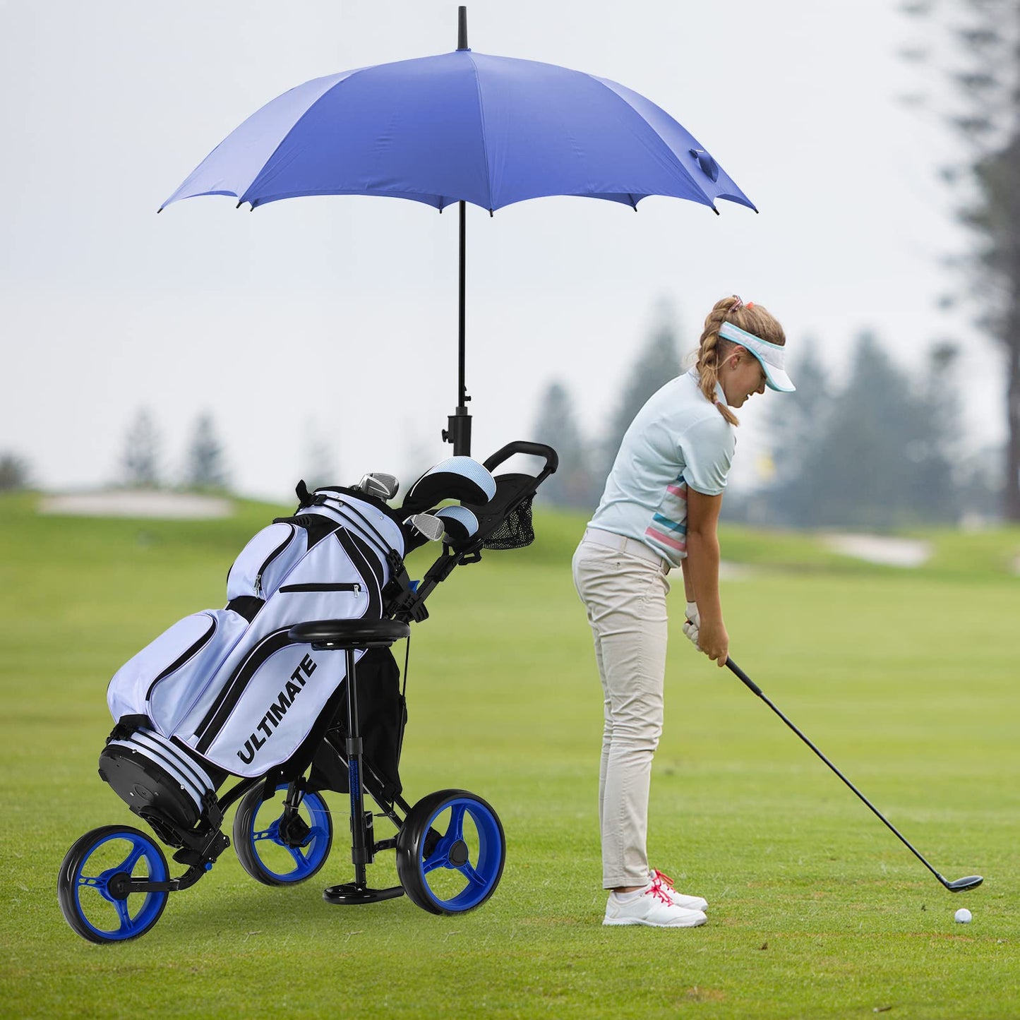 Golf Push Pull Cart with Storage Bag and Foot Brake