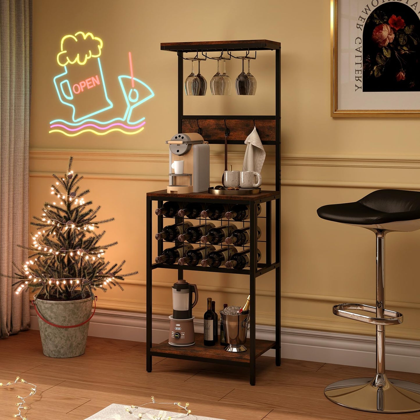 Floor Wine Bar Cabinet with Glass Racks and Wine Bottle Holders