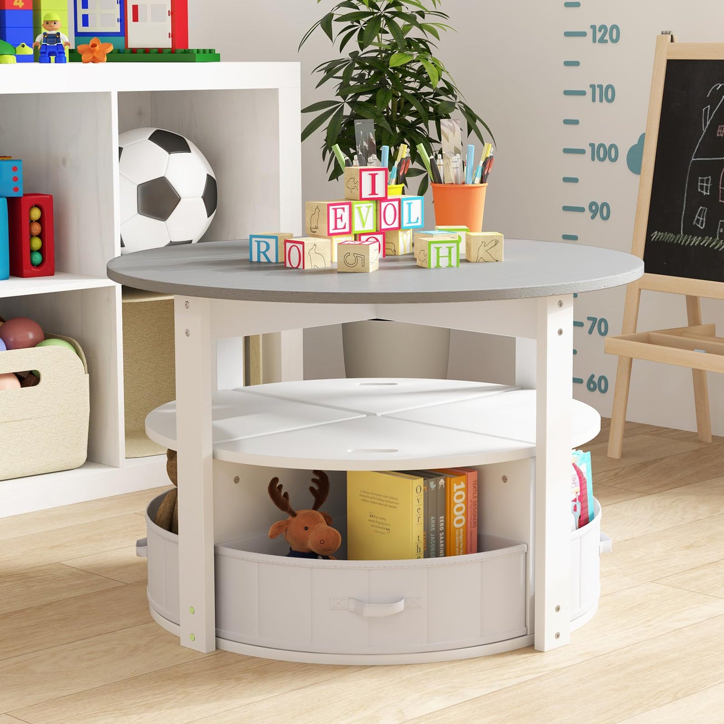 5 Piece Kids Table and Chair Set Round for 4 with 4 Fabric Drawers