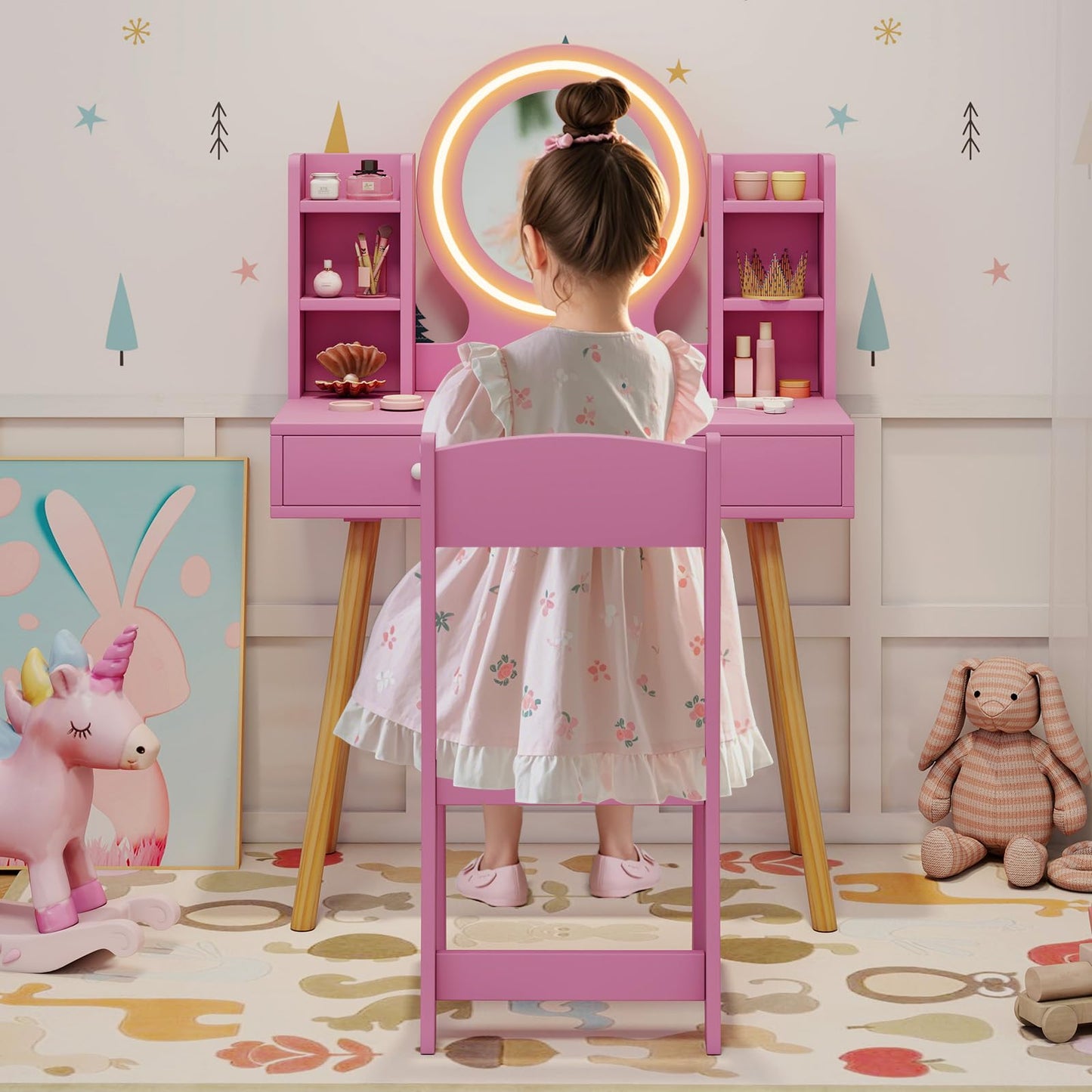 Kids Princess Vanity Desk Set with 2 Color LED Lighted Acrylic Mirror