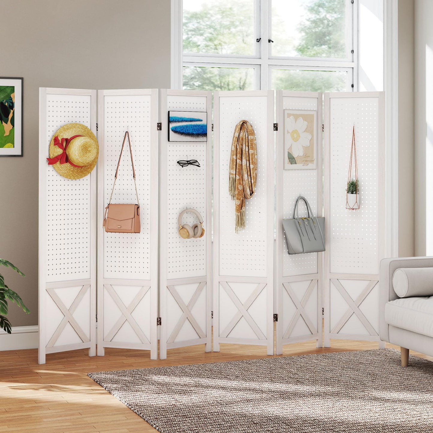 4/6 Panel Folding Room Divider with Pegboard Display