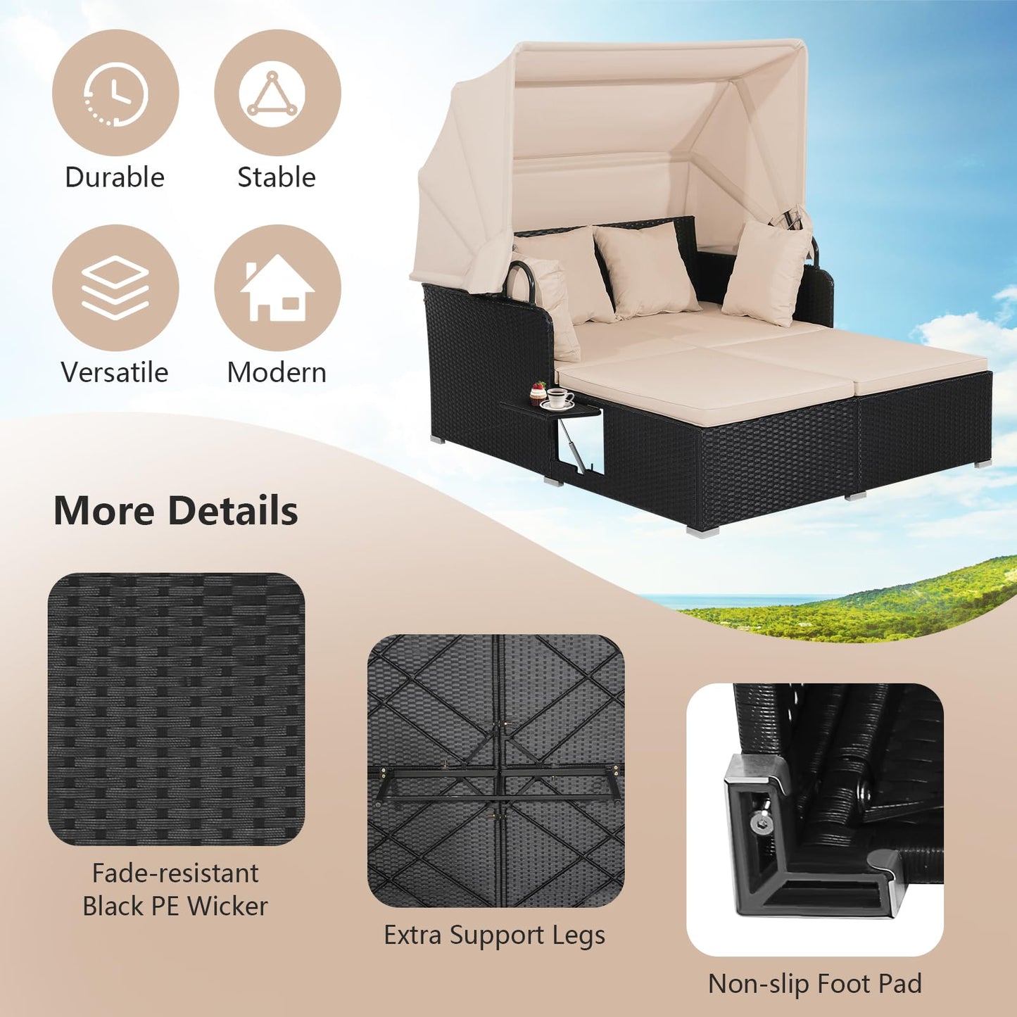 Garden Rattan Daybed with Retractable Canopy and Cushions