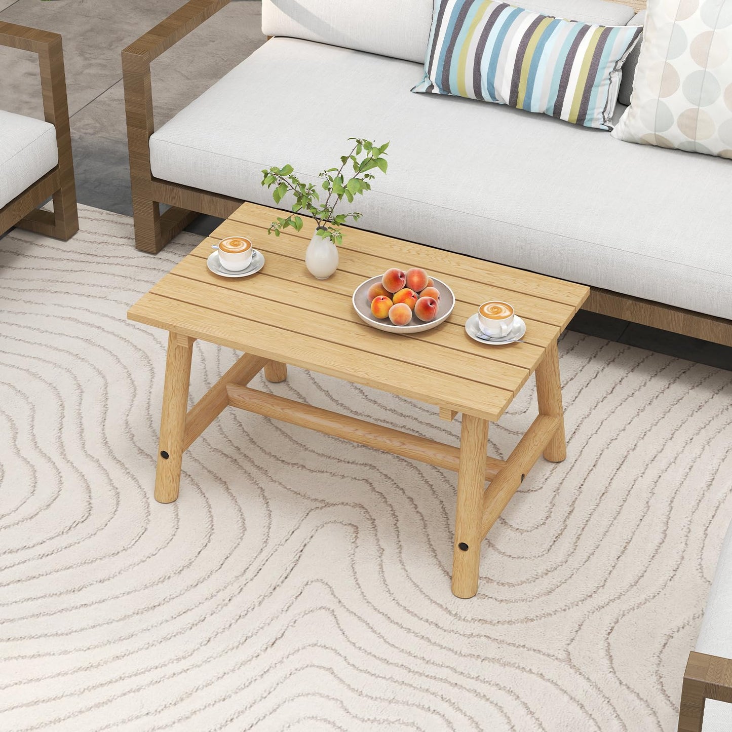 Outdoor Rectangle Coffee Table Solid Wood Patio Table with Slatted Tabletop for Garden Lawn