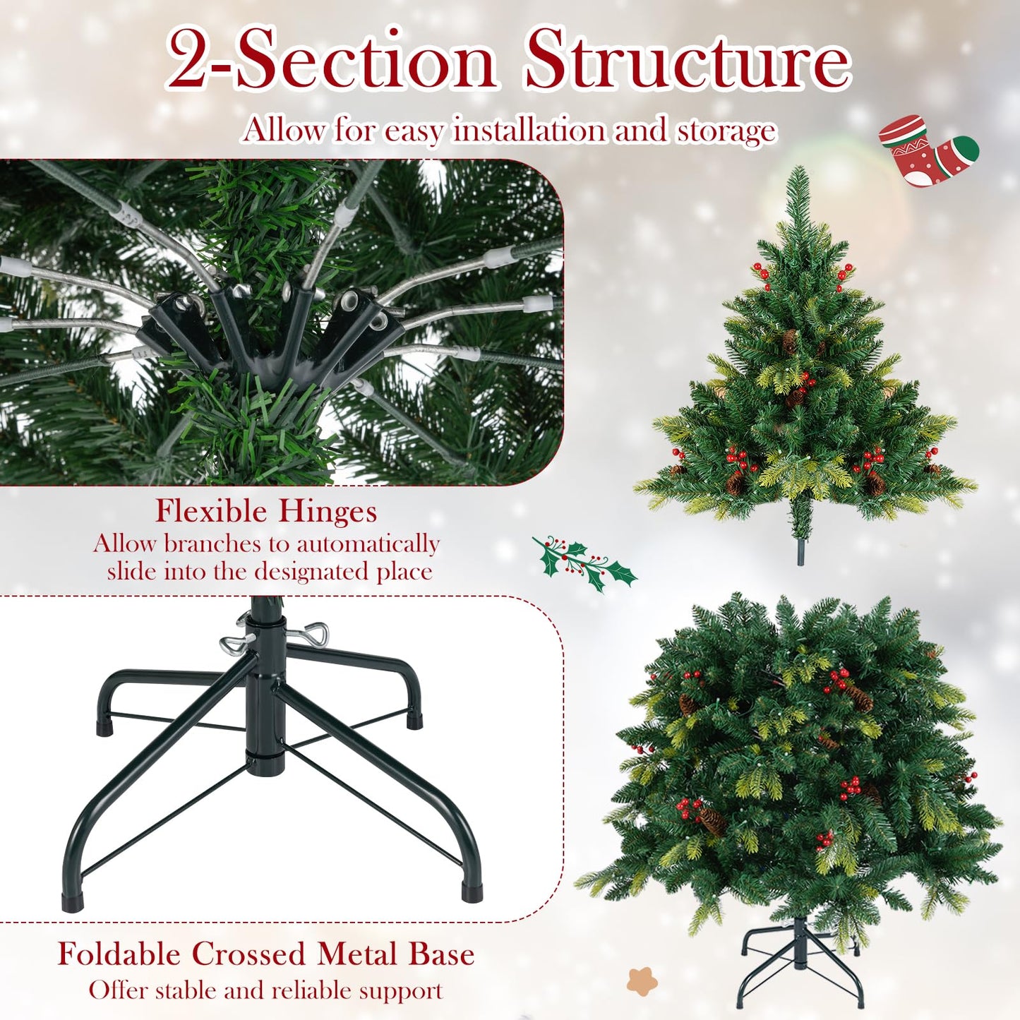 Artificial Christmas Tree Hinged Xmas Tree with Branch TipsA and Natural Pine Cones