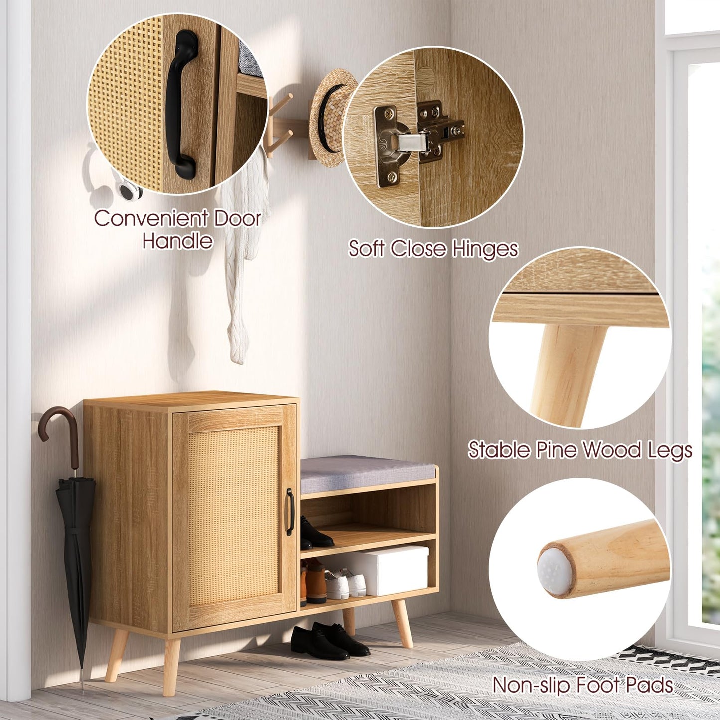 2-in-1 Rattan Shoe Cabinet with Bench and 3 Adjustable Shelves