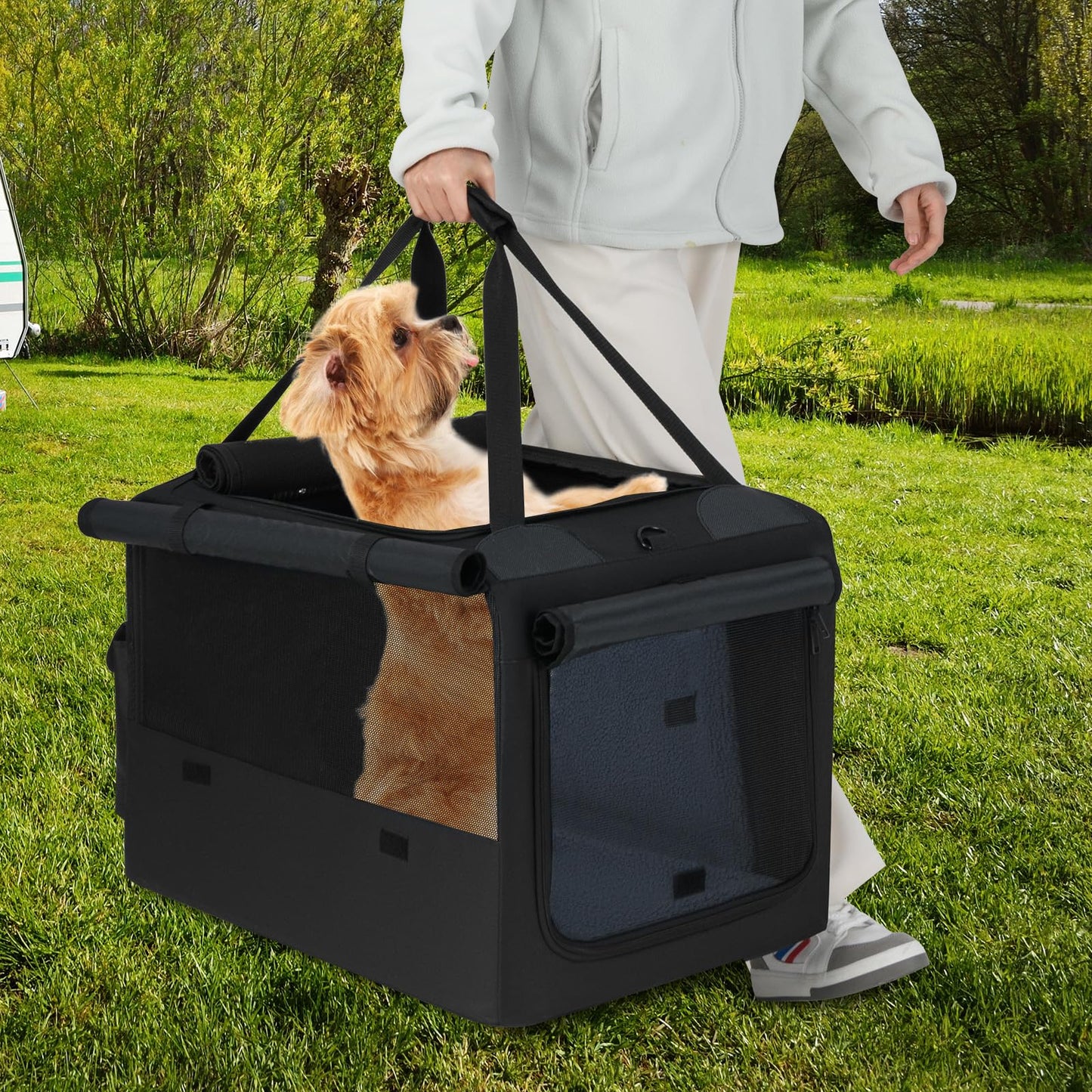 Foldable Soft Fabric Dog Cat Travel Crate with 2 Openings