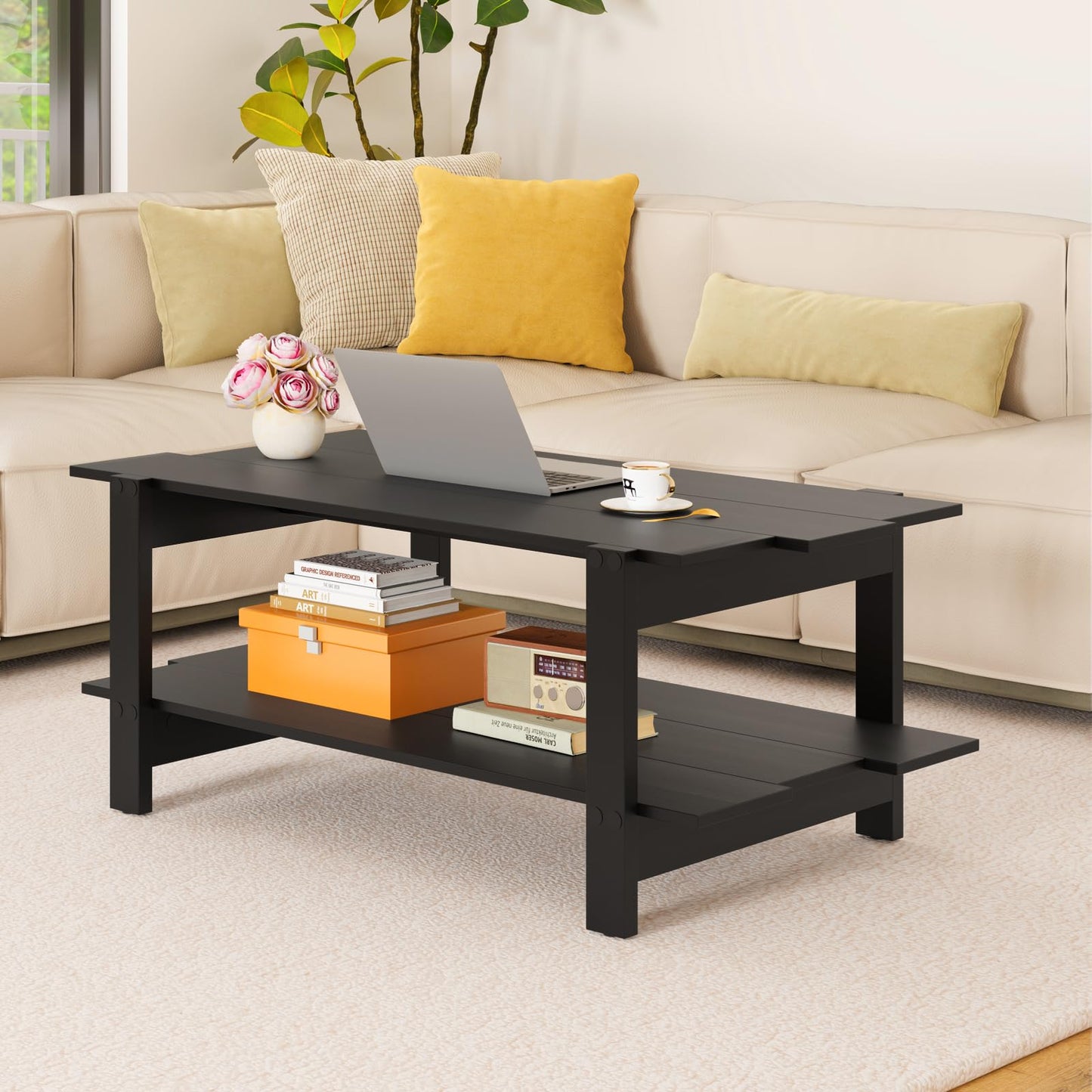2 Tier Coffee Table with Storage Shelf for Living Room