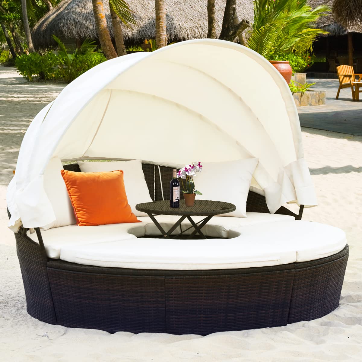 Patio Wicker Sun Bed Sectional Sofa Set with Retractable Canopy