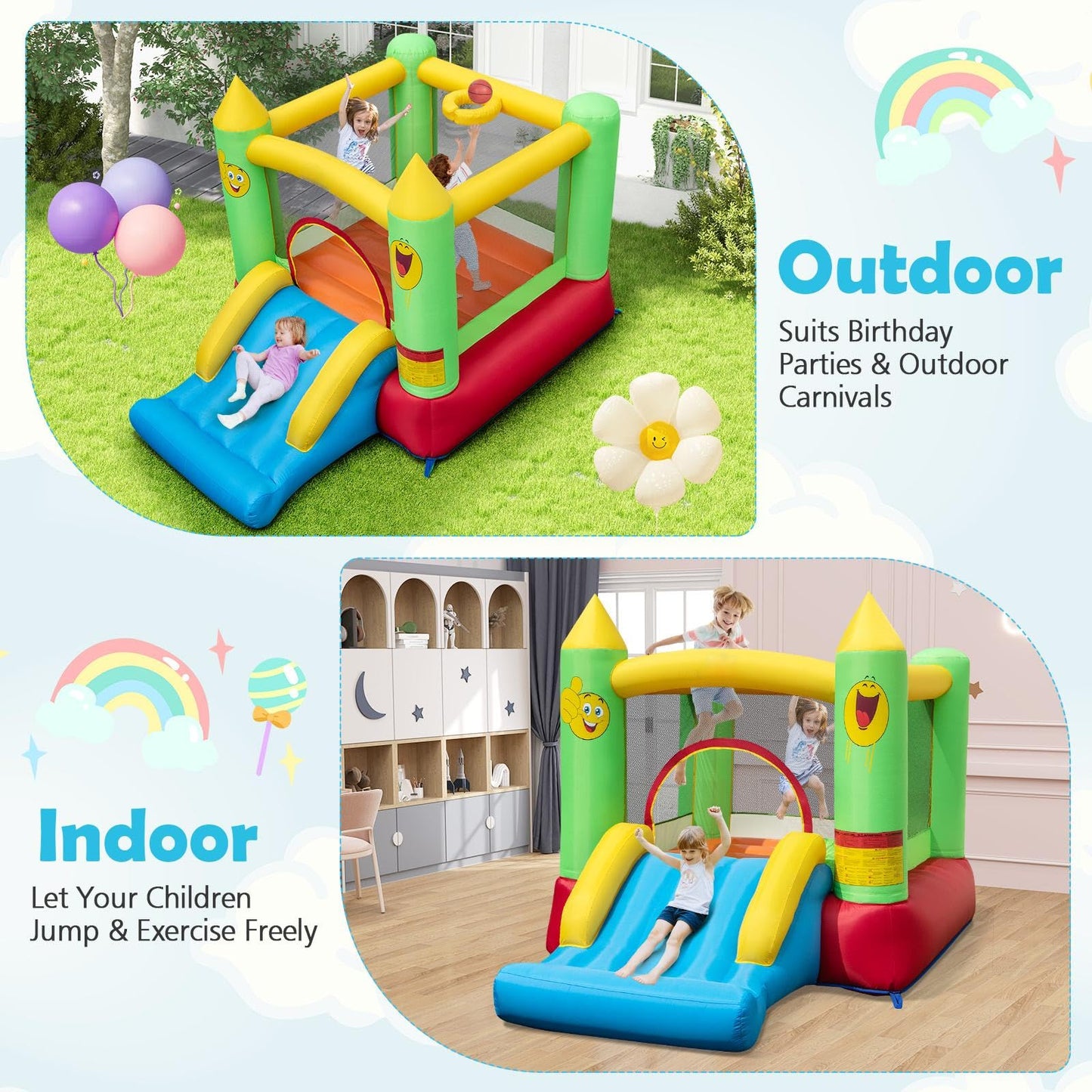 Kids Smiley Face Theme Inflatable Bounce House with Slide and Basketball Hoop (without Blower)
