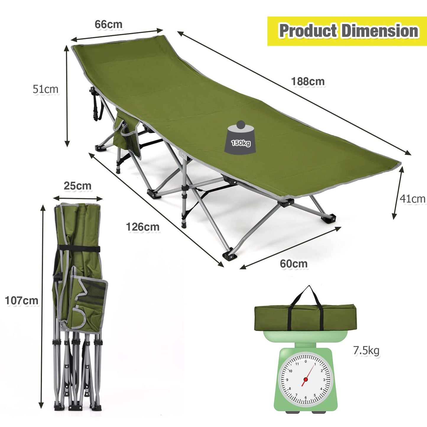 Heavy Duty Outdoor Sleeping Cot with Detachable Headrest