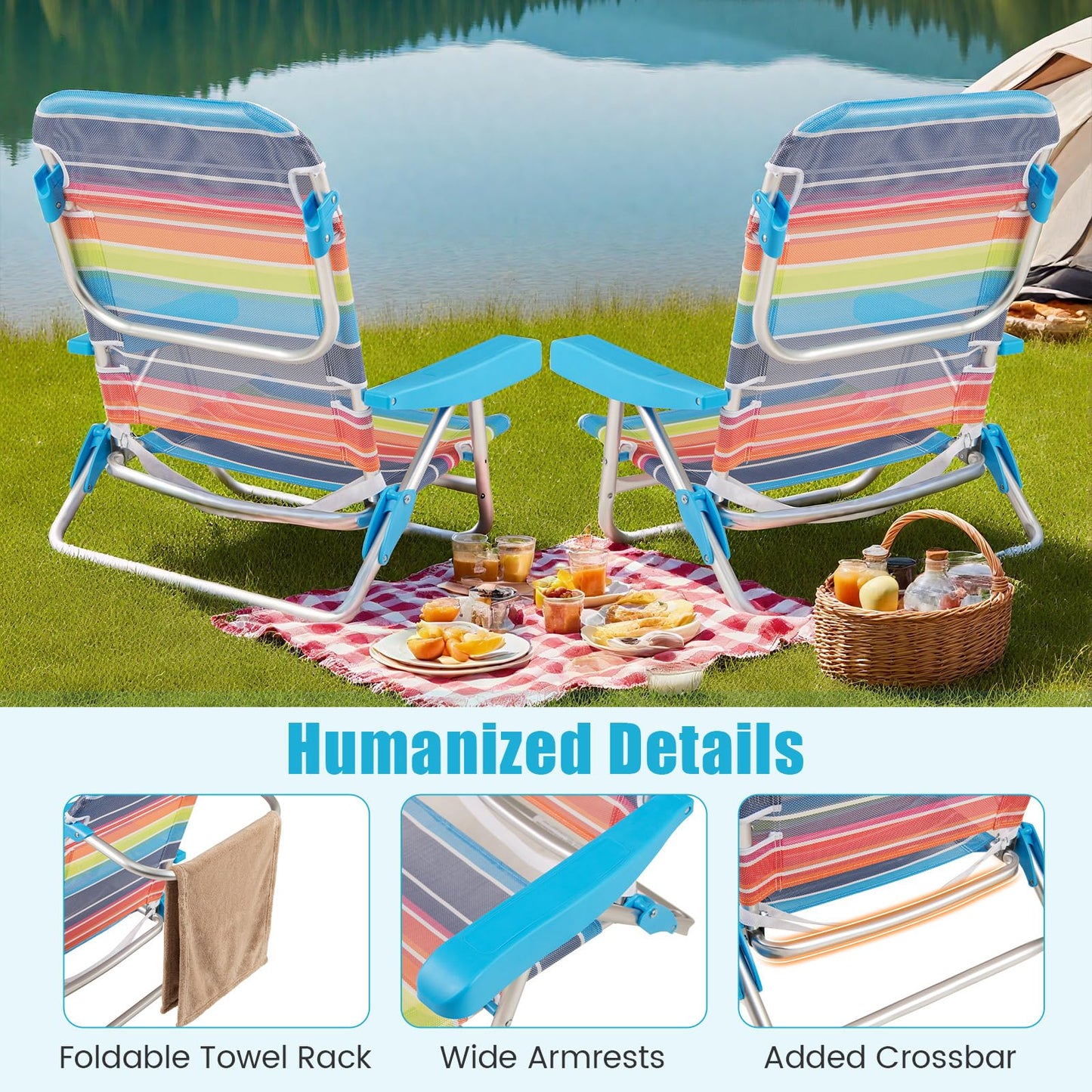 5 Adjustable Position Camping Chair with Armrests & Carry Strap