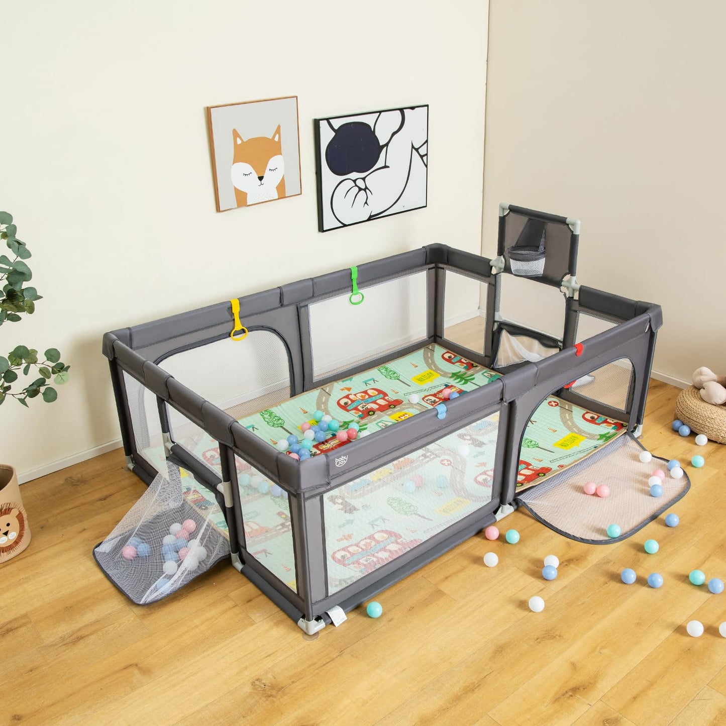 Toddler Mesh Play Pen with Mat, Pull Rings, Basketball Hoop