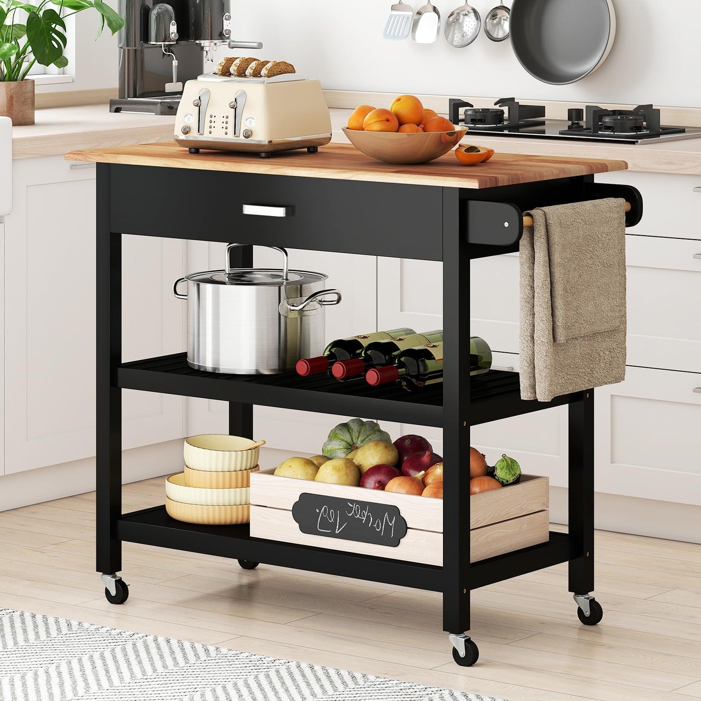 Kitchen Island with Open Shelves and Lockable Casters