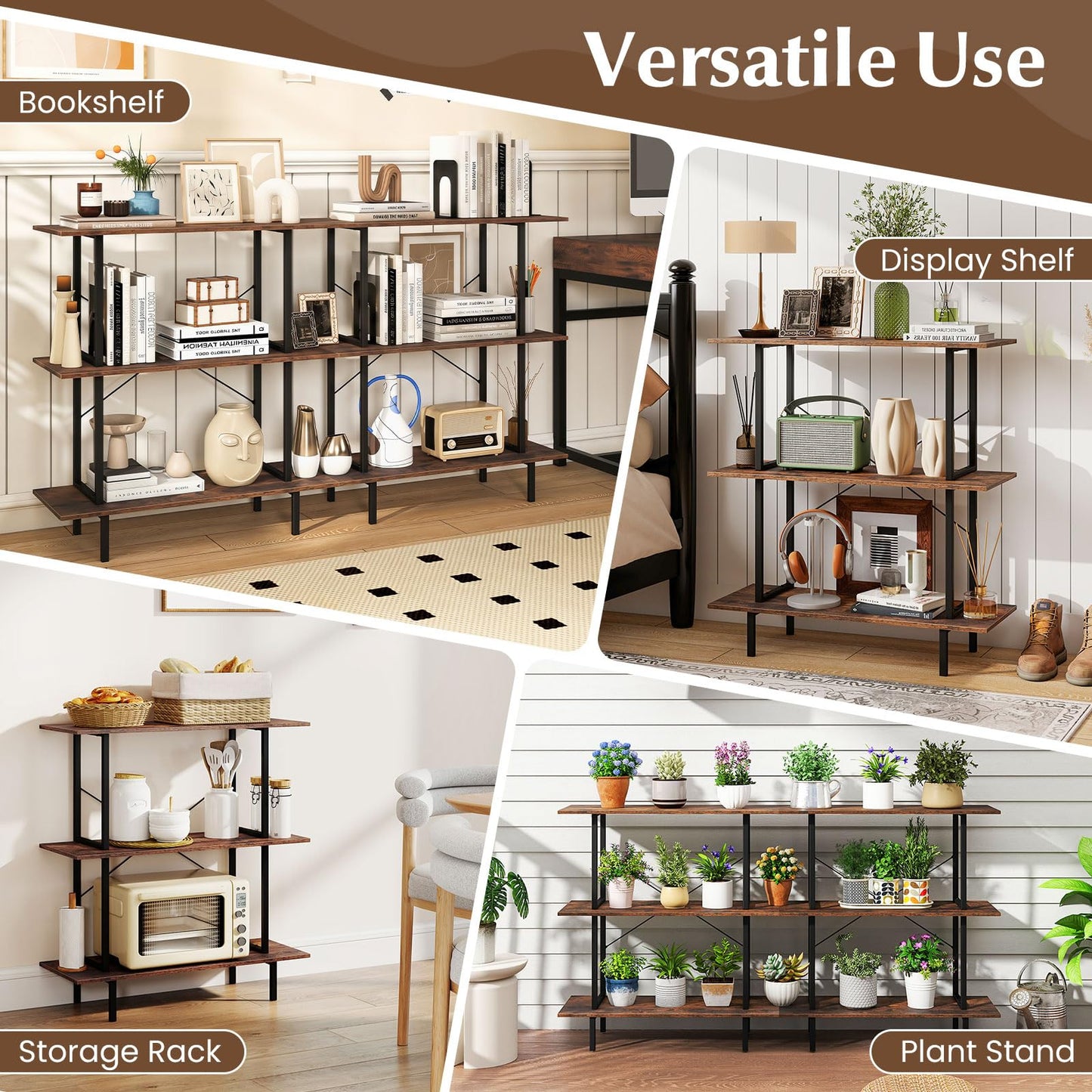 3-Tier Industrial Bookshelf with Open Shelves and Metal Frame for Living Room Study