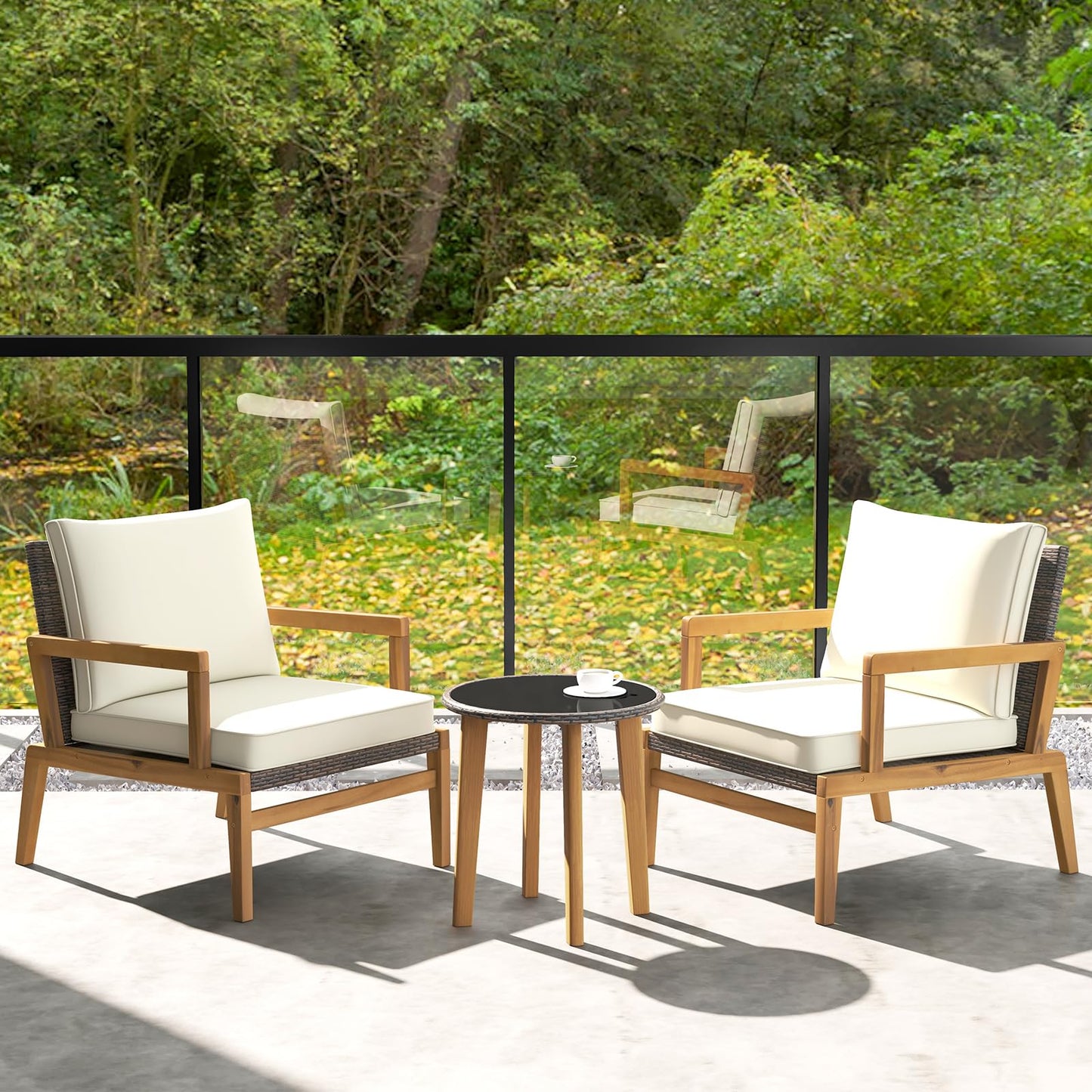 Wooden Patio Bistro Set with Soft Cushions and Tempered Glass Tabletop,