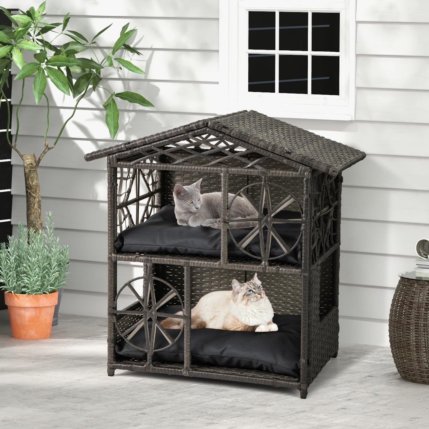 2-storey Wicker Cat House with Removable Cushions