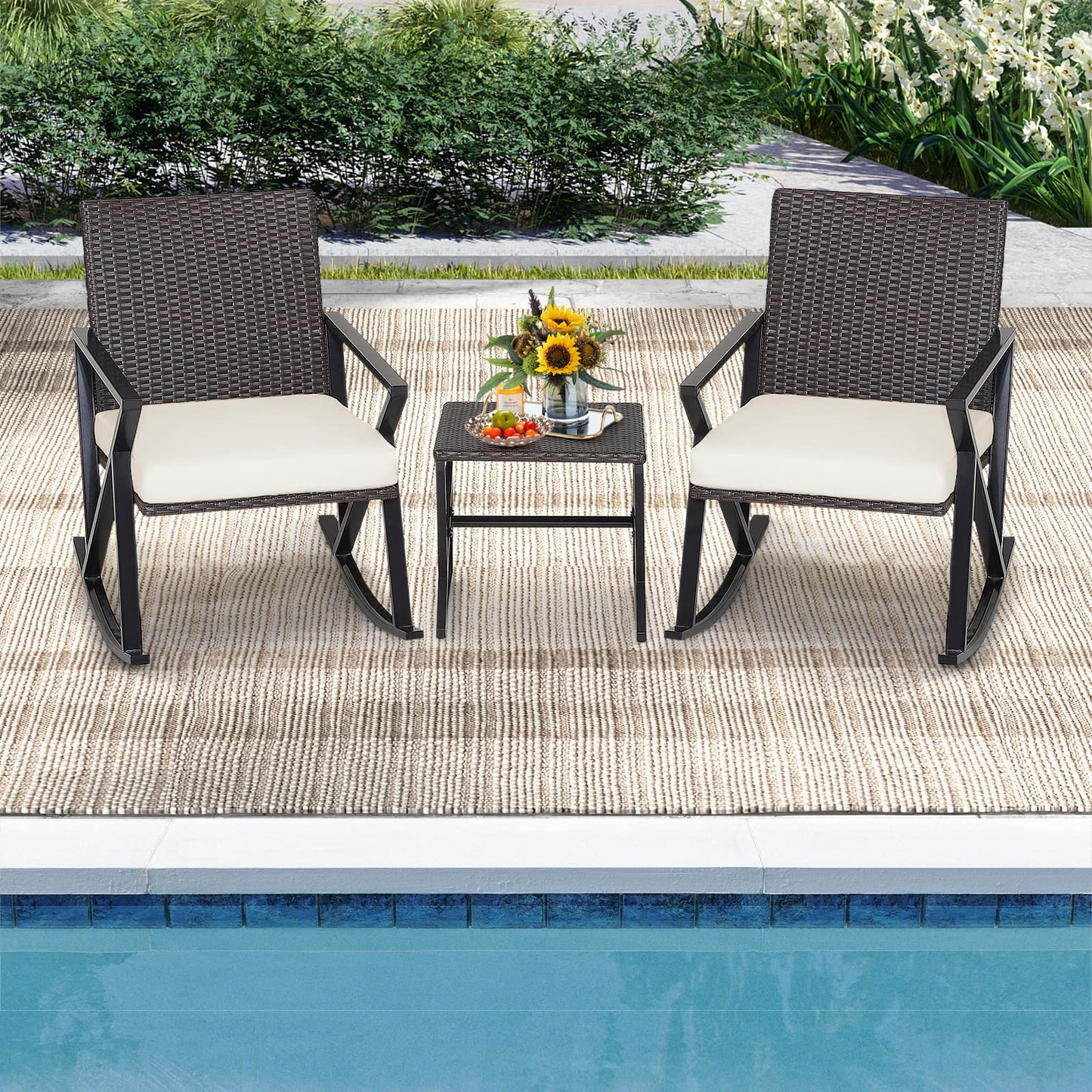 3 Pieces Garden Rocking Chairs and Table Set with Cushions