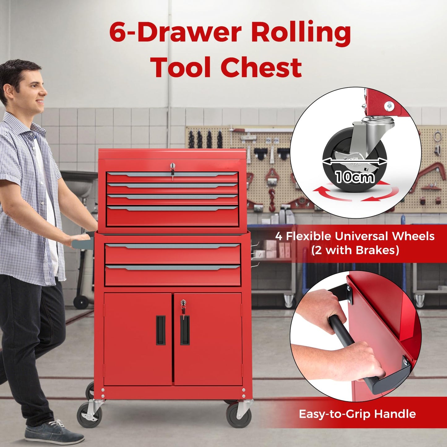 6-Drawer Rolling Tool Chest with Universal Wheels and Hooks
