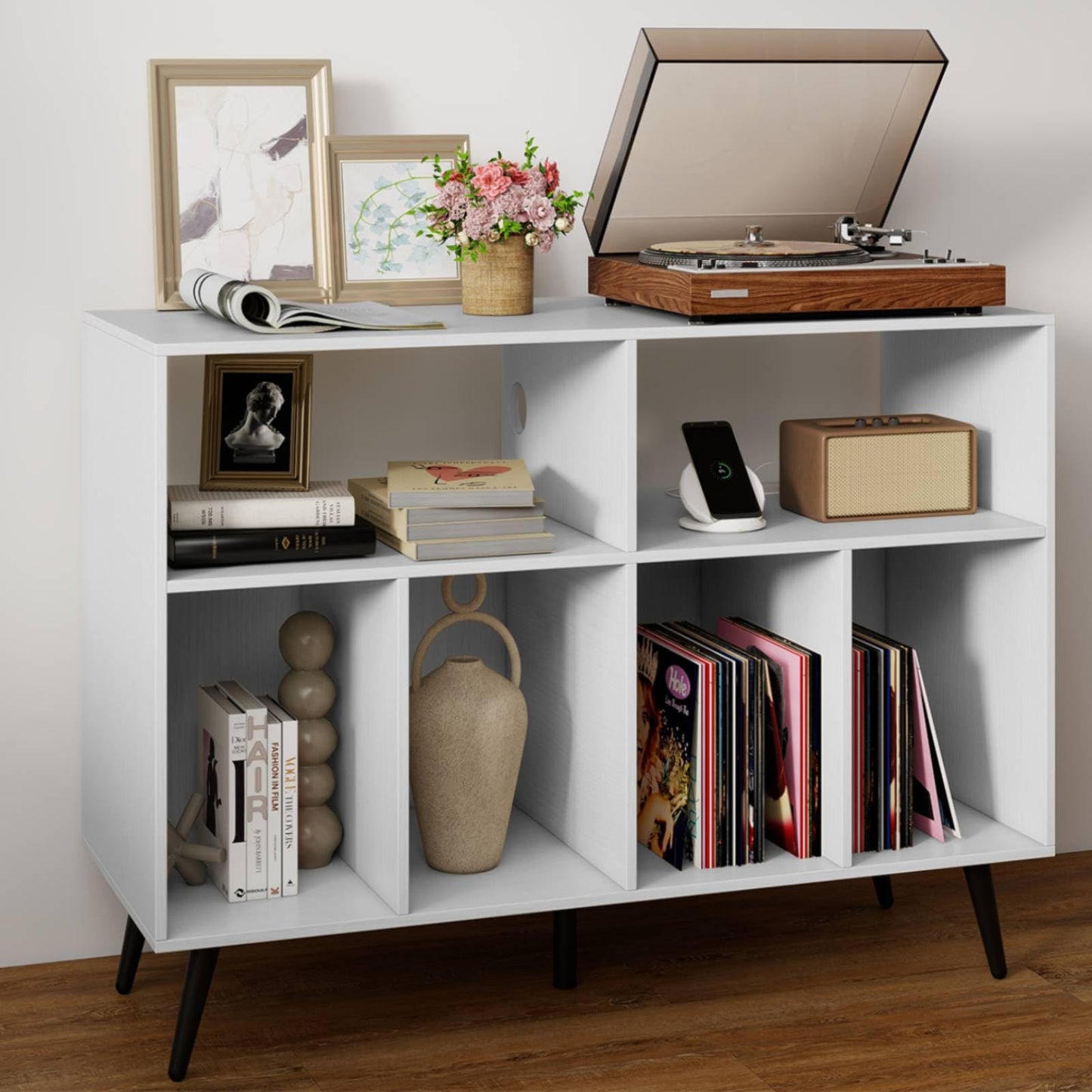 Record Player Stand with Charging Station and Storage Shelves